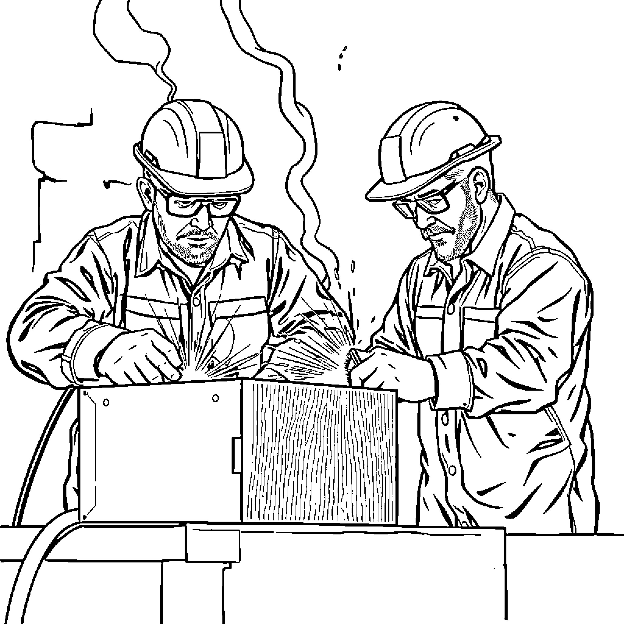 Man working together with colleague on construction project Coloring Page (free black-and-white line drawing printable PDF for all, from beginners to advanced learners, including children, teens, adults, and seniors)
