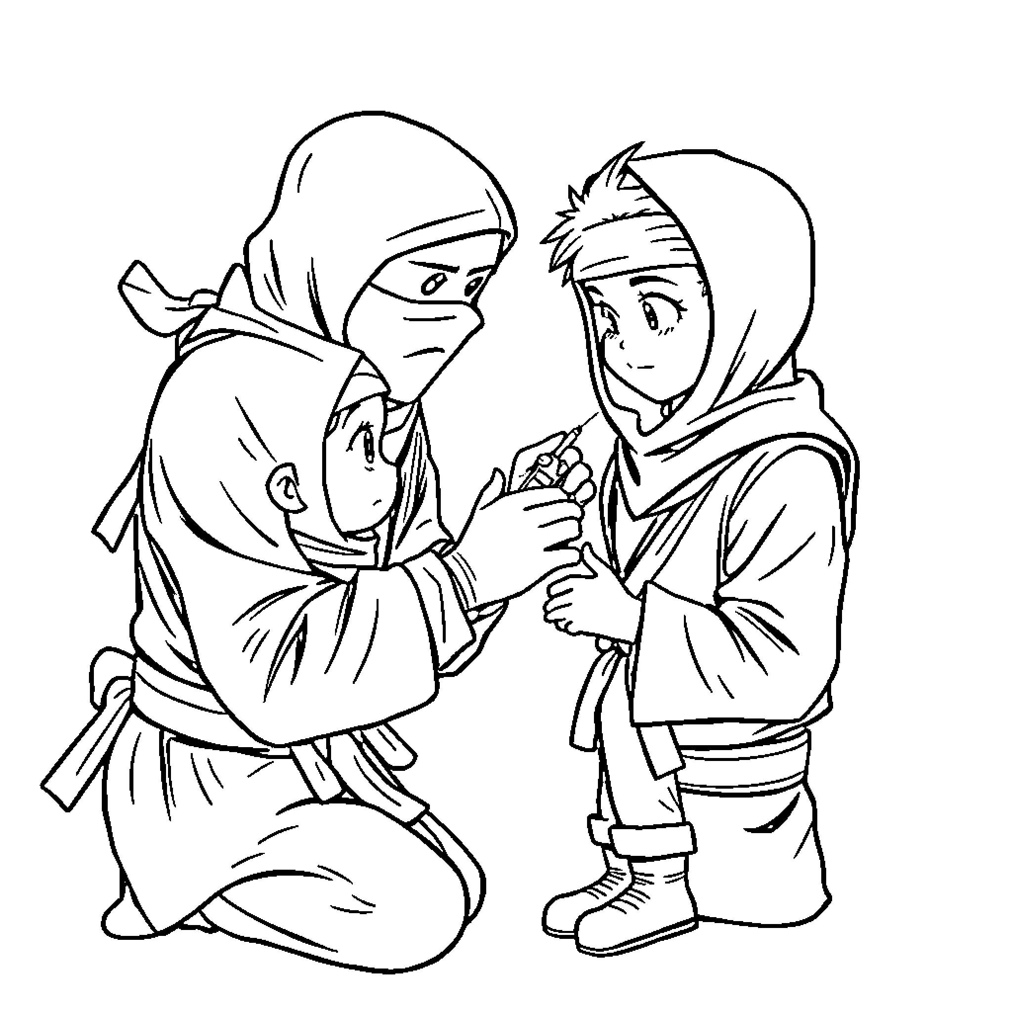 Ninja siblings training in the shadows Coloring Page (free black-and-white line drawing printable PDF for all, from beginners to advanced learners, including children, teens, adults, and seniors)