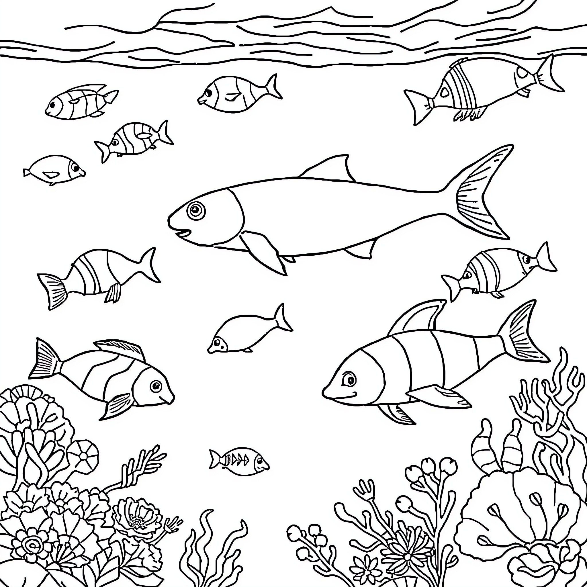 Sea Animals swimming in the ocean Coloring Page (free black-and-white line drawing printable PDF for all, from beginners to advanced learners, including children, teens, adults, and seniors)