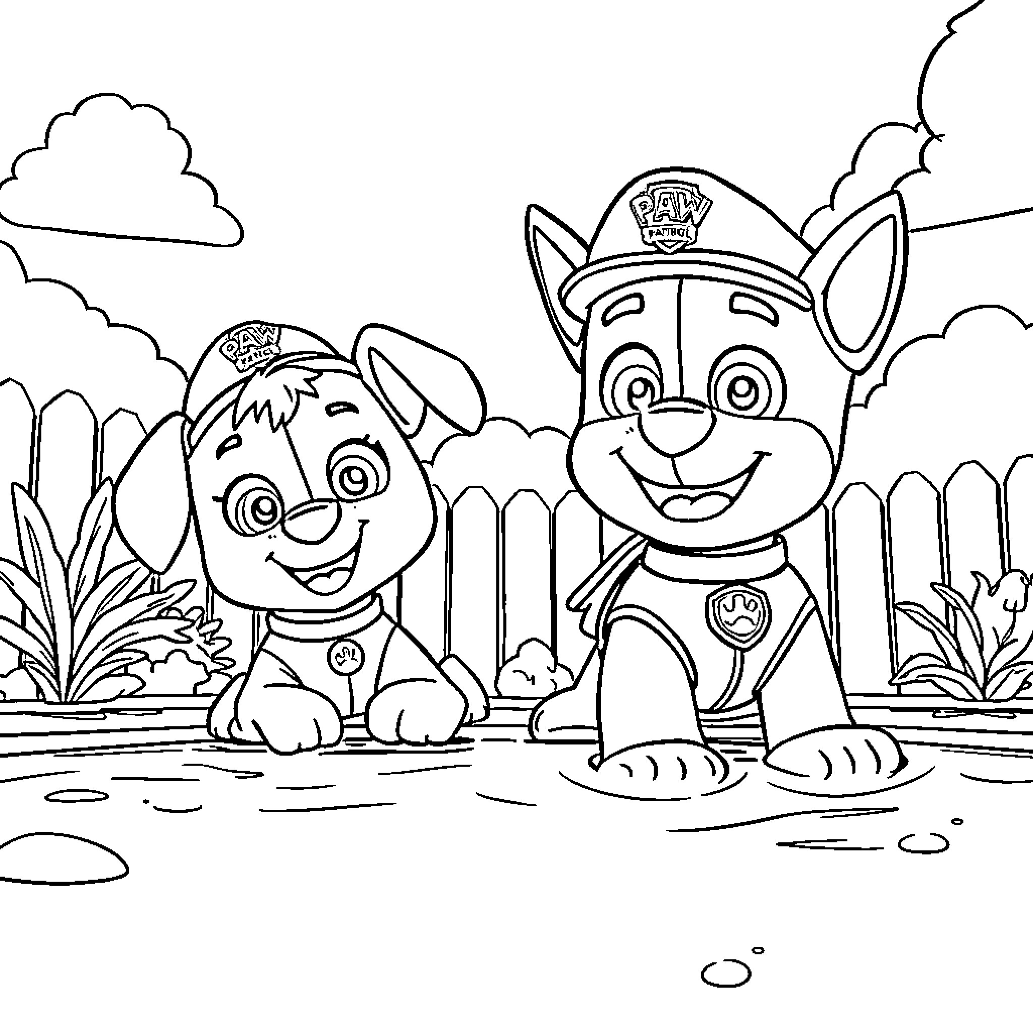 Paw Patrol Puppies on Patrol Duty Coloring Page (free black-and-white line drawing printable PDF for all, from beginners to advanced learners, including children, teens, adults, and seniors)