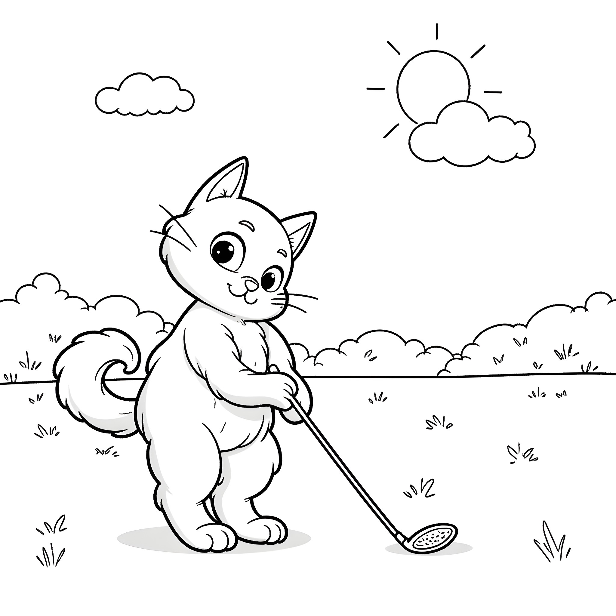 Cat sweeping in the park Coloring Page (free black-and-white line drawing printable PDF for all, from beginners to advanced learners, including children, teens, adults, and seniors)