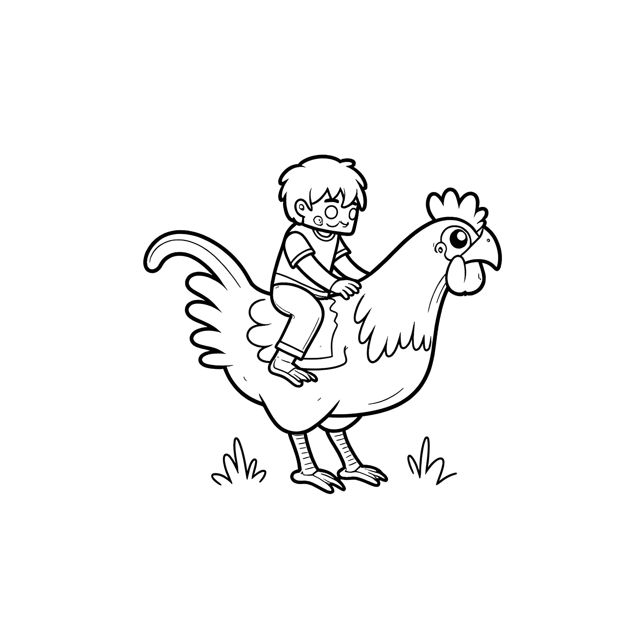 Chicken riding happily on a rooster Coloring Page (free black-and-white line drawing printable PDF for all, from beginners to advanced learners, including children, teens, adults, and seniors)