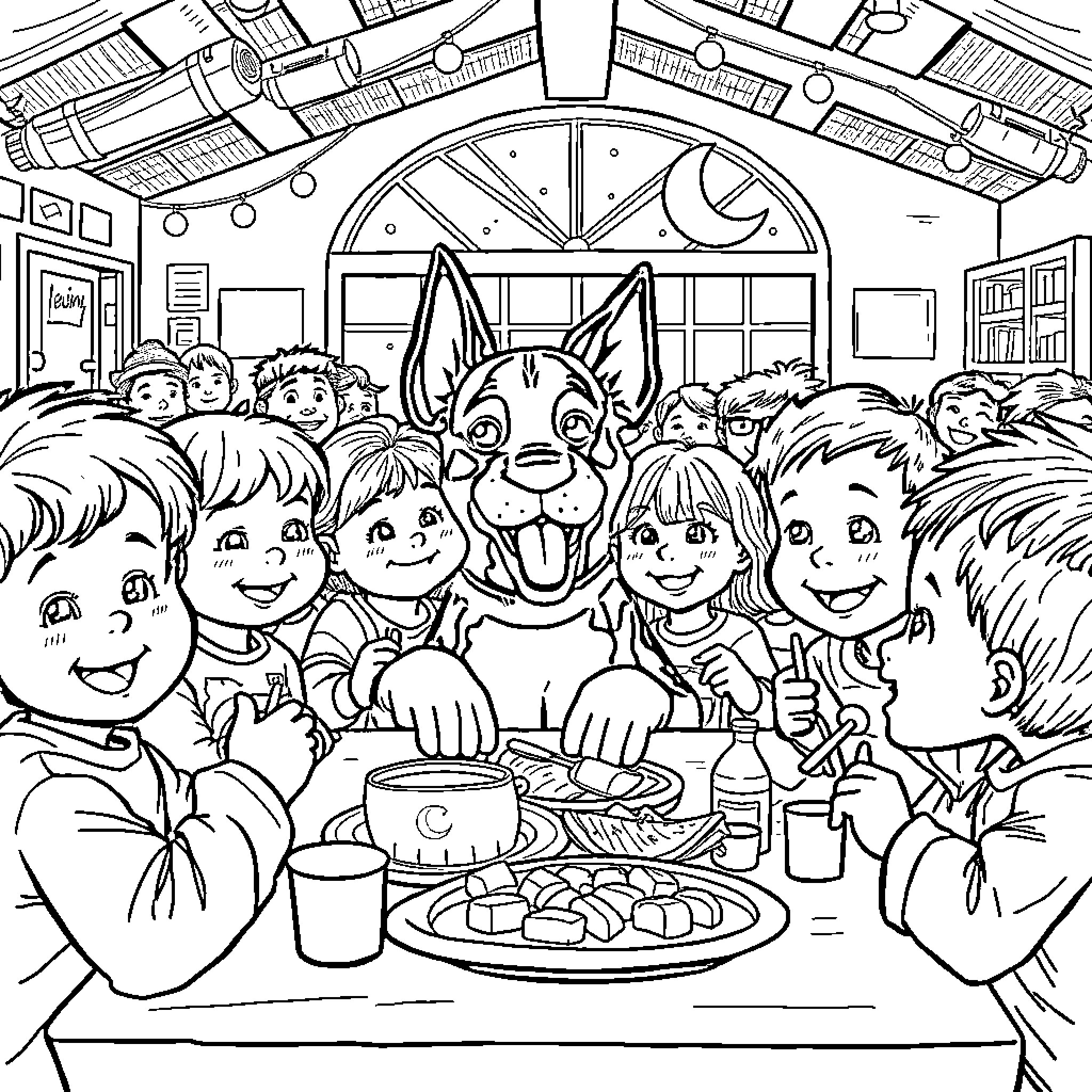 Paw Patrol Characters Enjoying a Festive Gathering Coloring Page (free black-and-white line drawing printable PDF for all, from beginners to advanced learners, including children, teens, adults, and seniors)