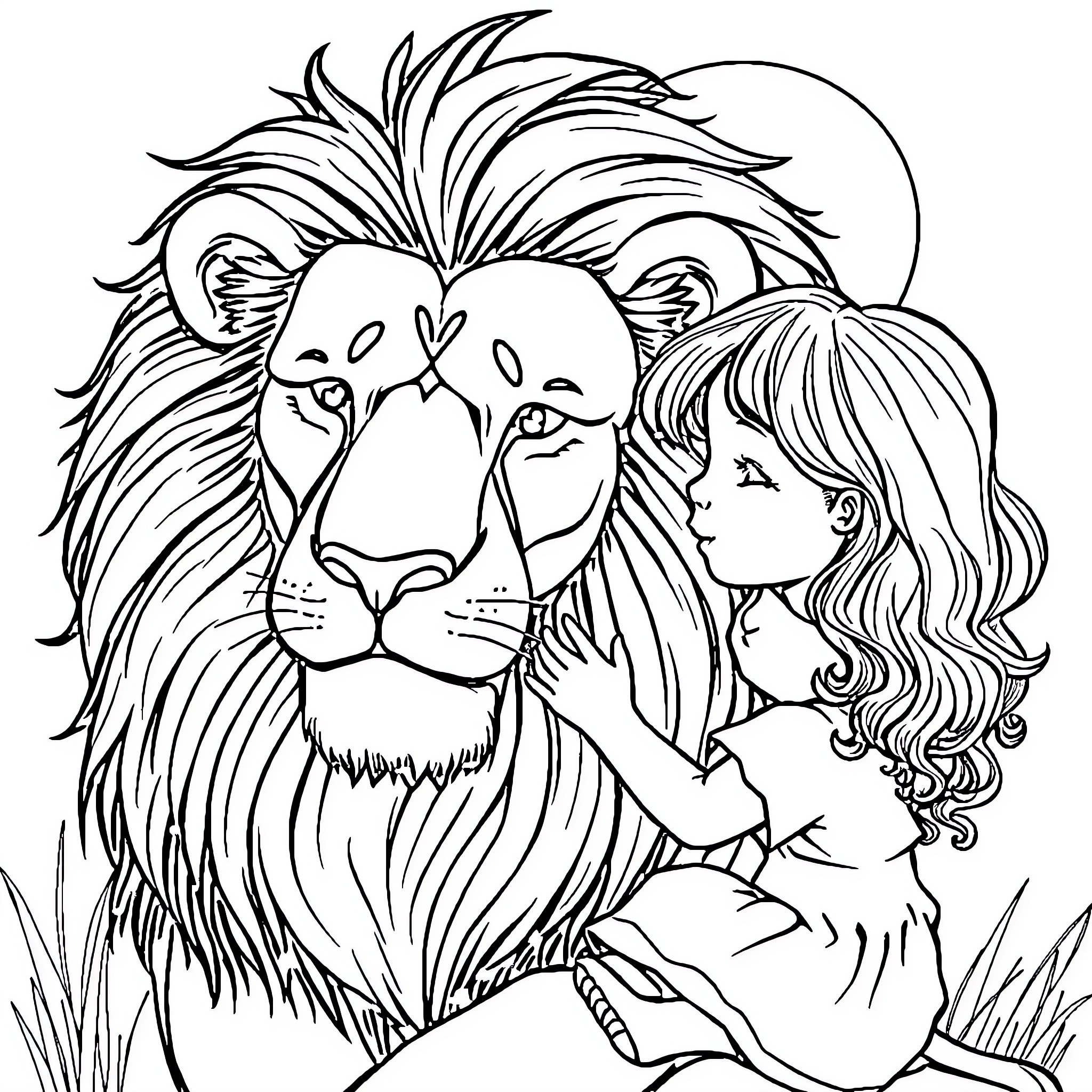 Girl playing affectionately with friendly lion Coloring Page (free black-and-white line drawing printable PDF for all, from beginners to advanced learners, including children, teens, adults, and seniors)