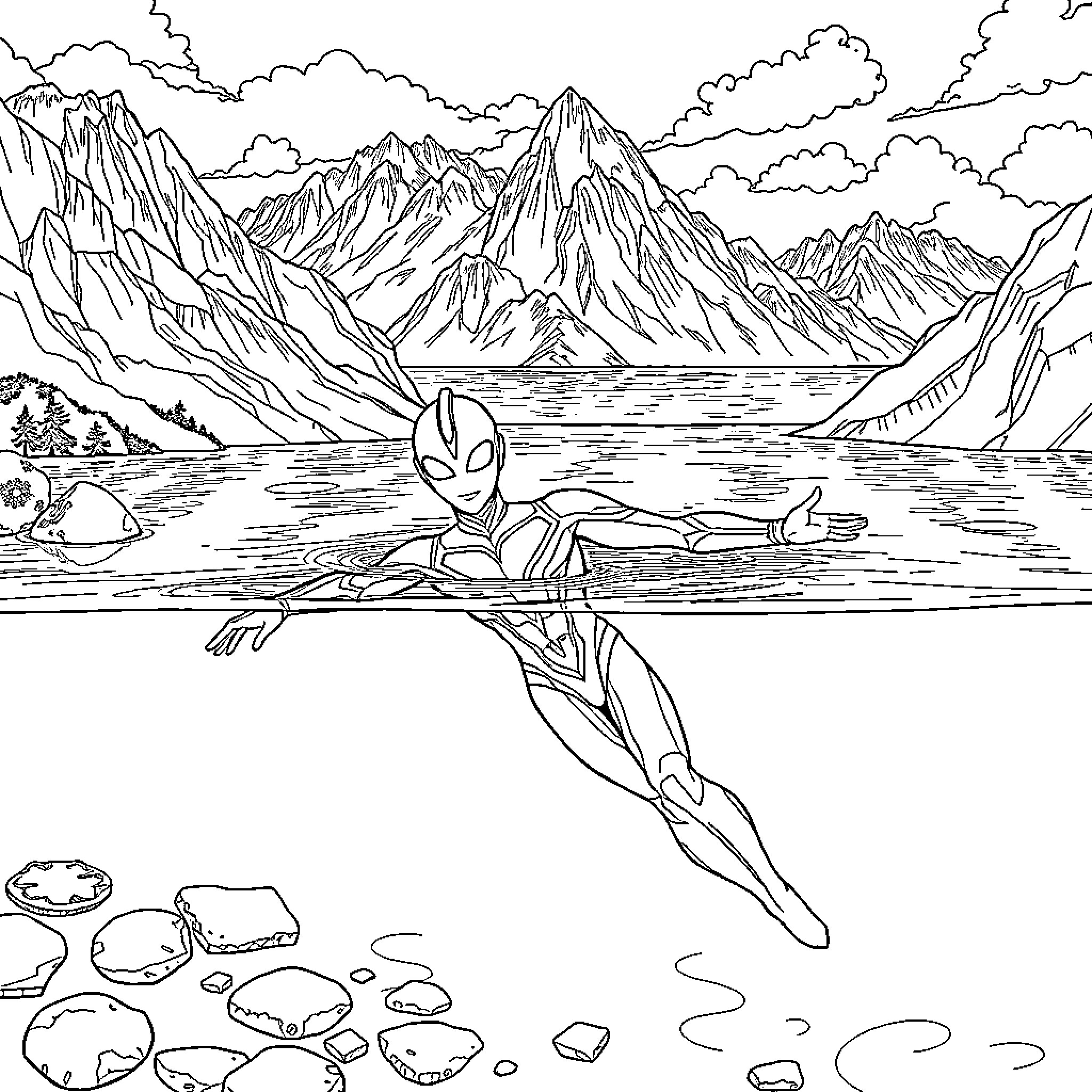 Ultraman swimming in a scenic mountain lake Coloring Page (free black-and-white line drawing printable PDF for all, from beginners to advanced learners, including children, teens, adults, and seniors)