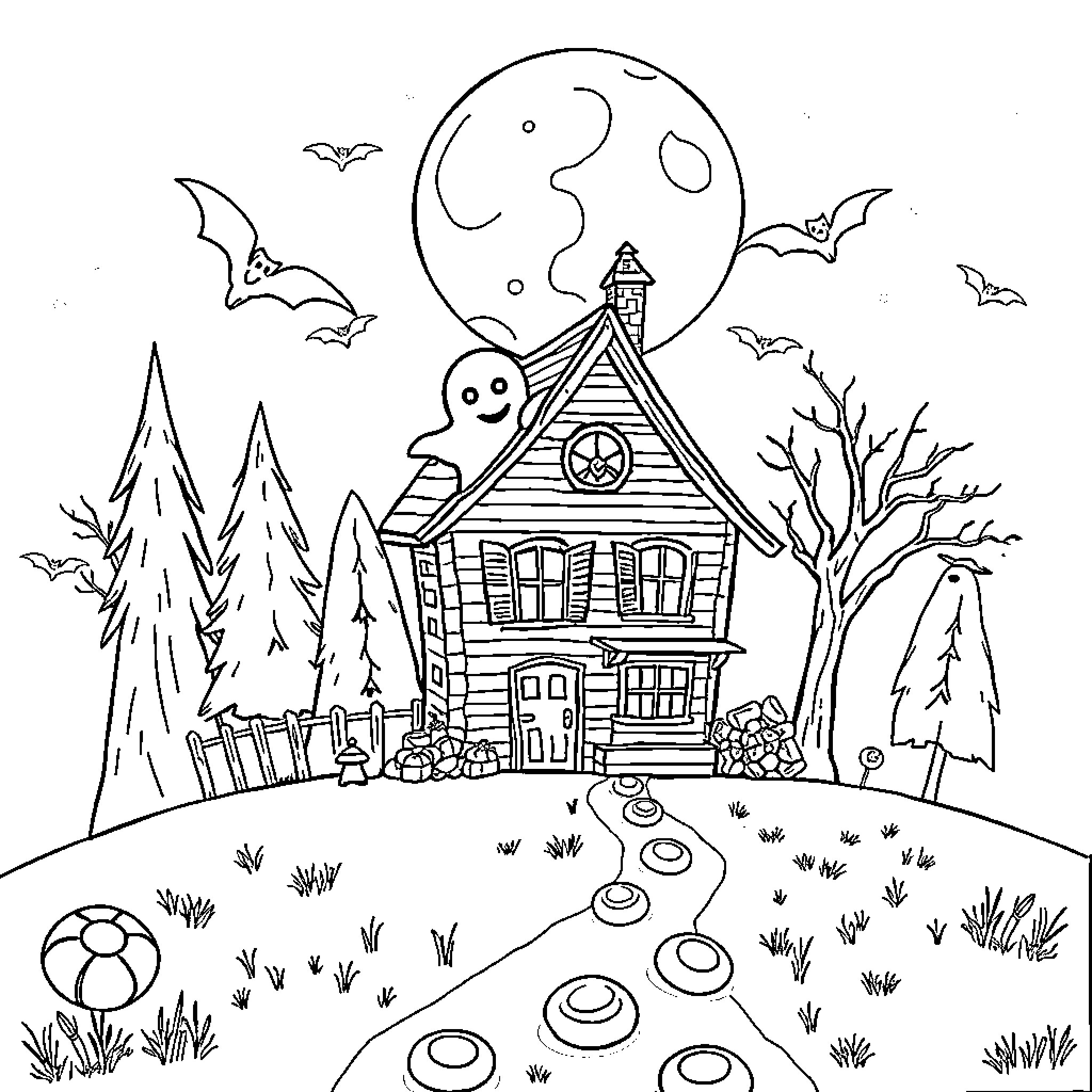 Ghost Haunted House on a Spooky Night Coloring Page (free black-and-white line drawing printable PDF for all, from beginners to advanced learners, including children, teens, adults, and seniors)