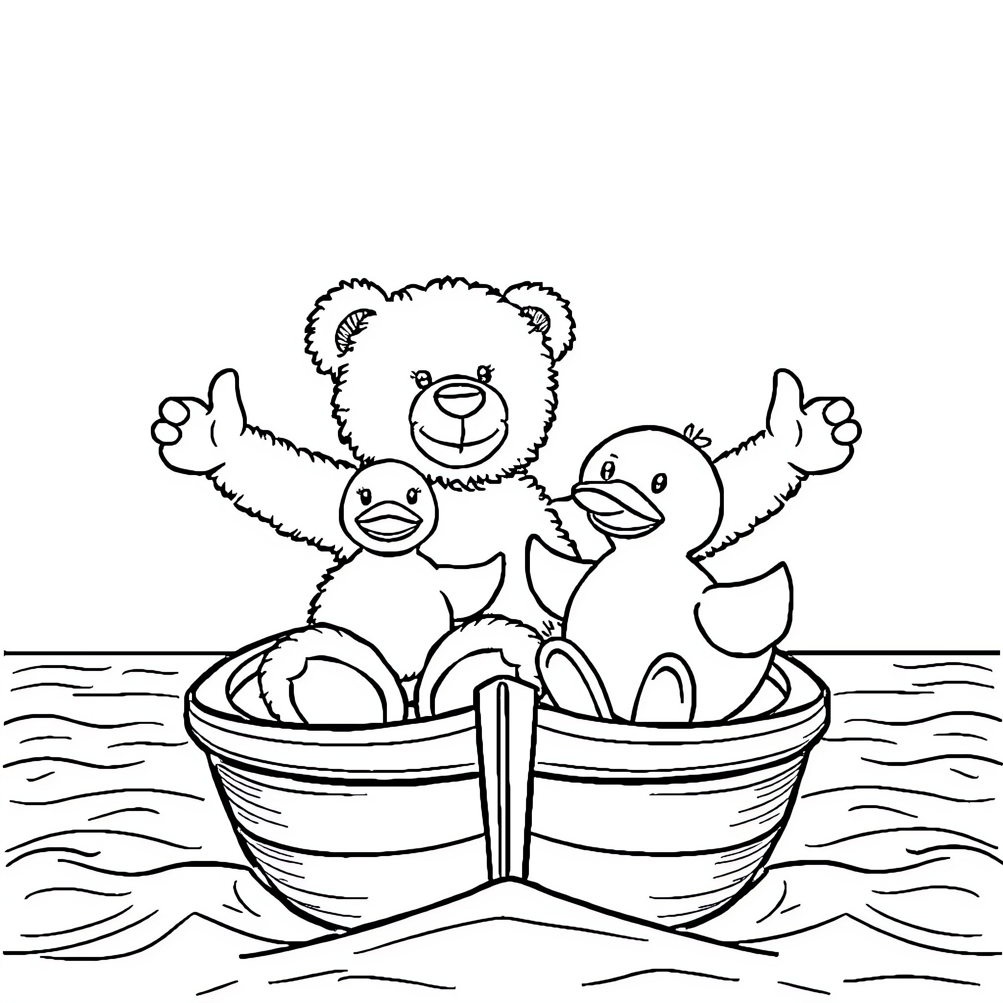 Teddy bear and friends boating on the lake Coloring Page (free black-and-white line drawing printable PDF for all, from beginners to advanced learners, including children, teens, adults, and seniors)