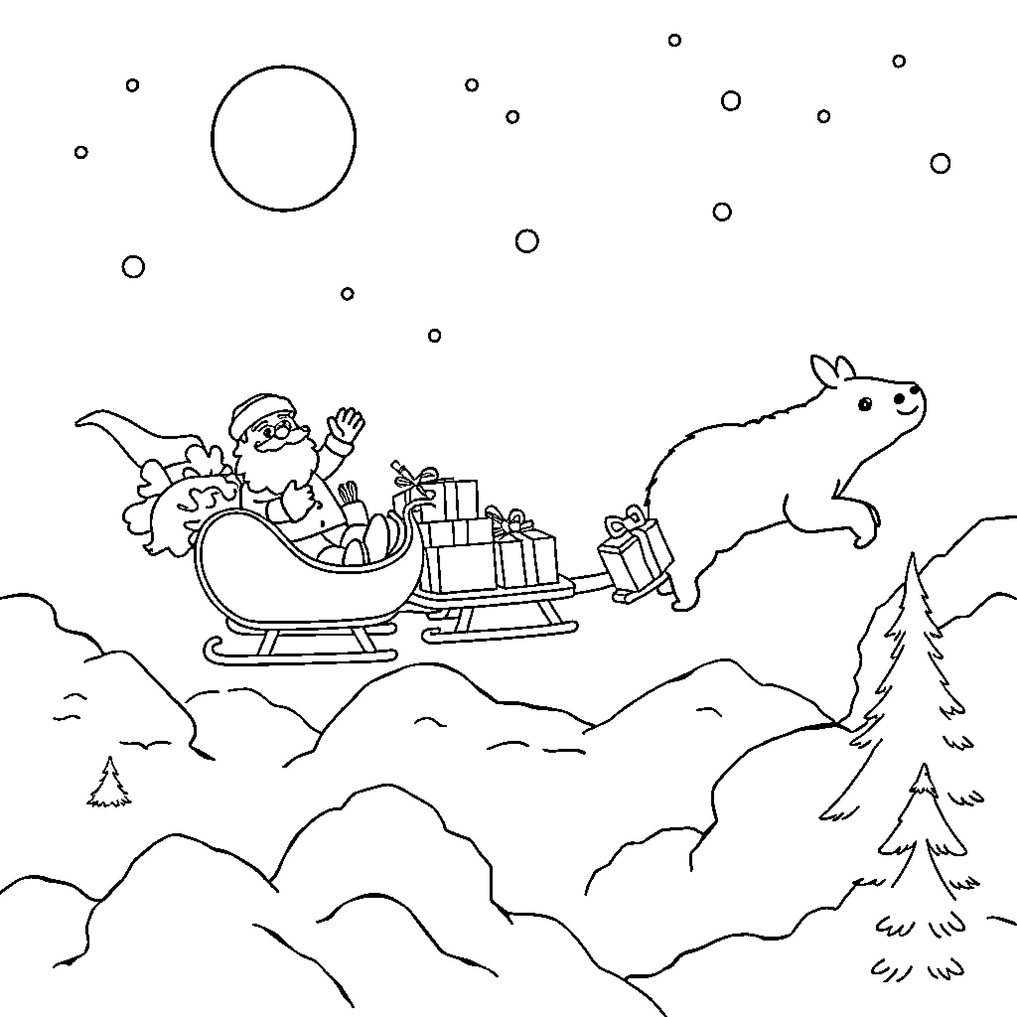 Père Noël delivering gifts in the snowy mountains Coloring Page (free black-and-white line drawing printable PDF for all, from beginners to advanced learners, including children, teens, adults, and seniors)