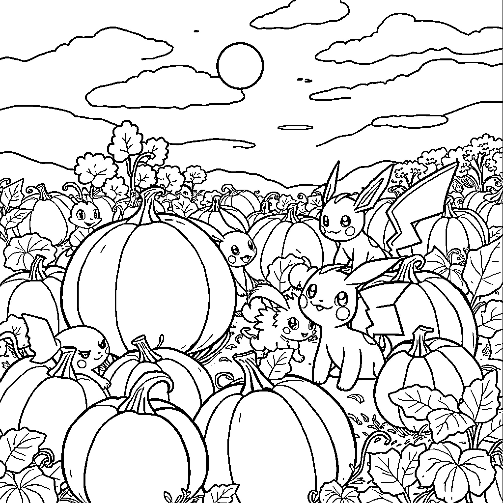 Pokémon gathering in a pumpkin-filled autumn field Coloring Page (free black-and-white line drawing printable PDF for all, from beginners to advanced learners, including children, teens, adults, and seniors)