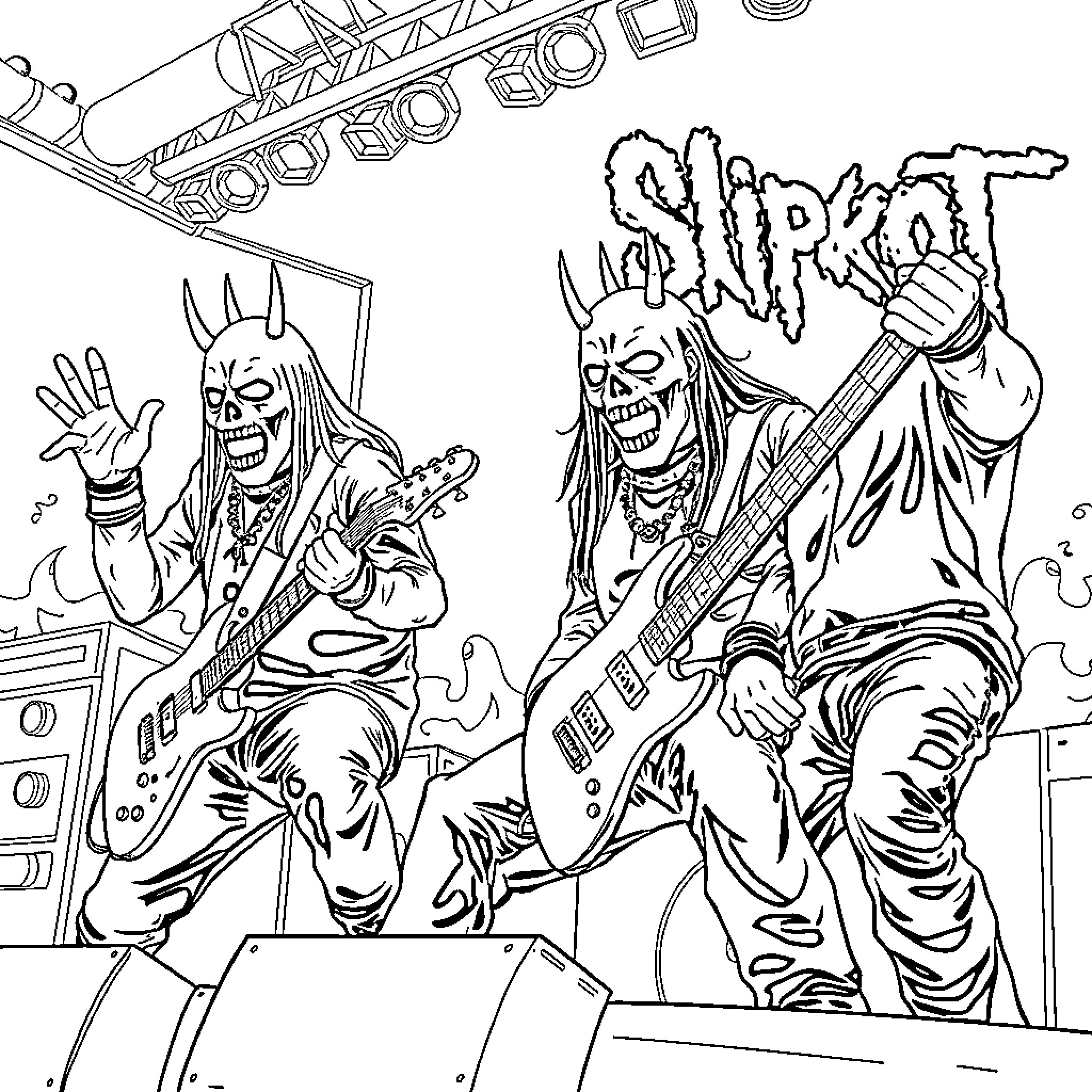 Slipknot performing on stage with intense expressions Coloring Page (free black-and-white line drawing printable PDF for all, from beginners to advanced learners, including children, teens, adults, and seniors)