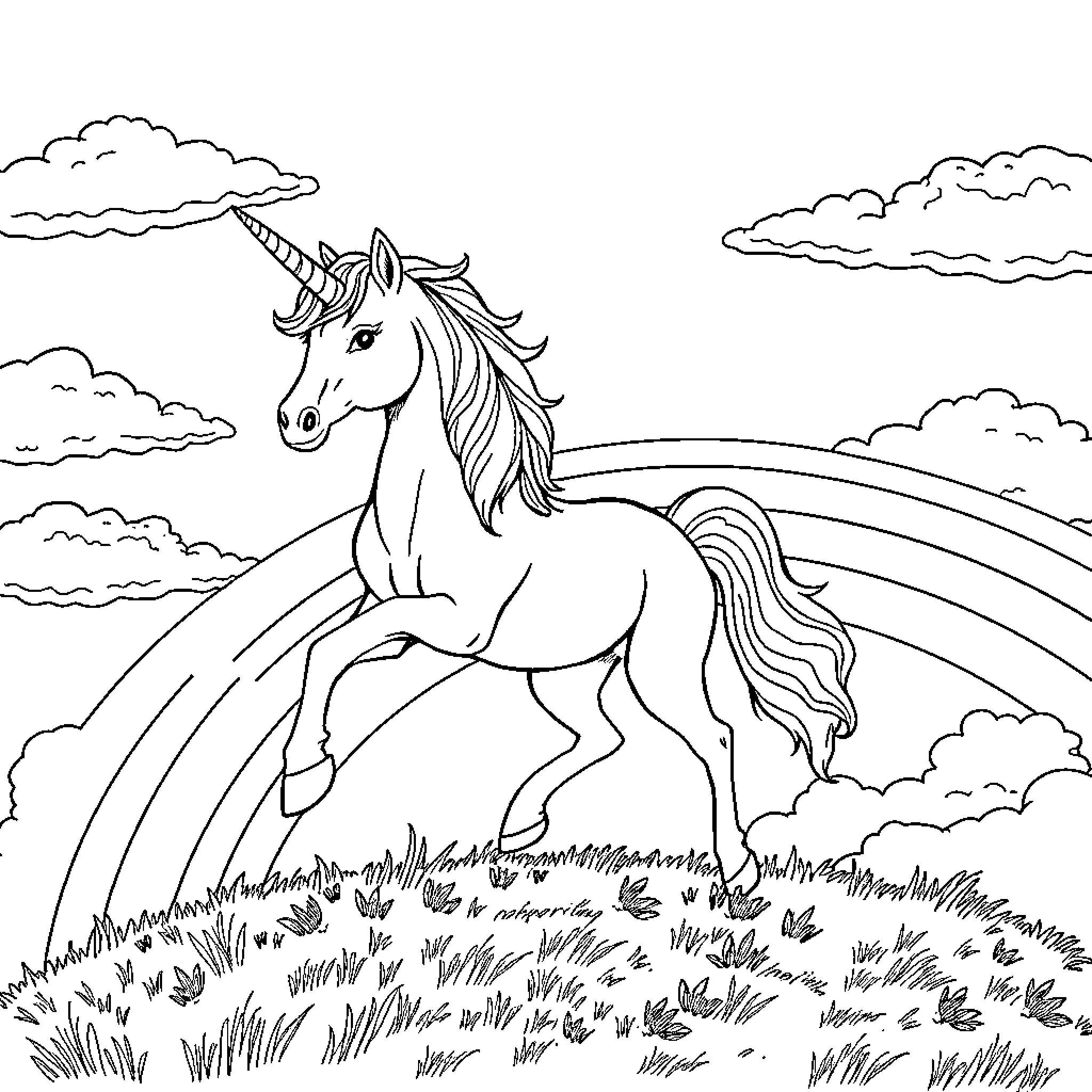 Unicorn running through a magical meadow Coloring Page (free black-and-white line drawing printable PDF for all, from beginners to advanced learners, including children, teens, adults, and seniors)