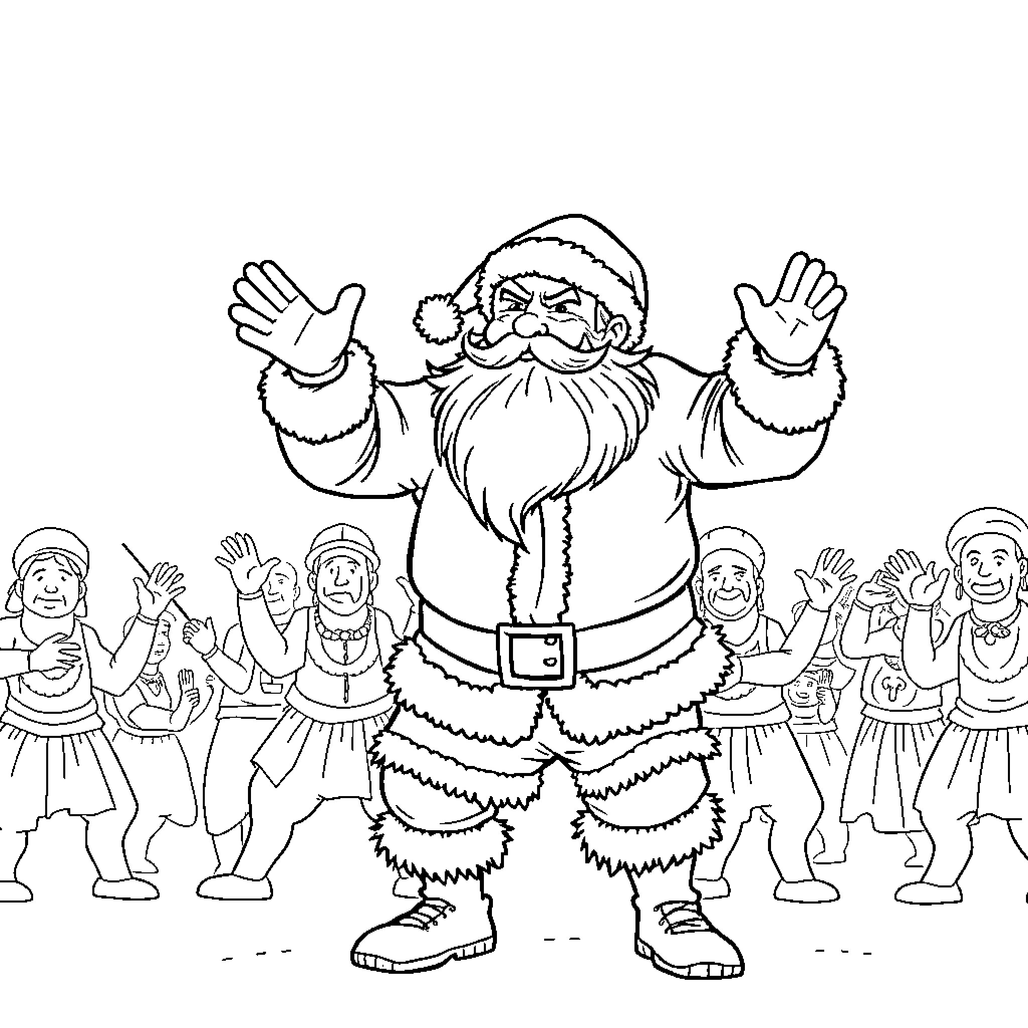 Santa Greeting Joyful Crowd in Winter Wonderland Coloring Page (free black-and-white line drawing printable PDF for all, from beginners to advanced learners, including children, teens, adults, and seniors)