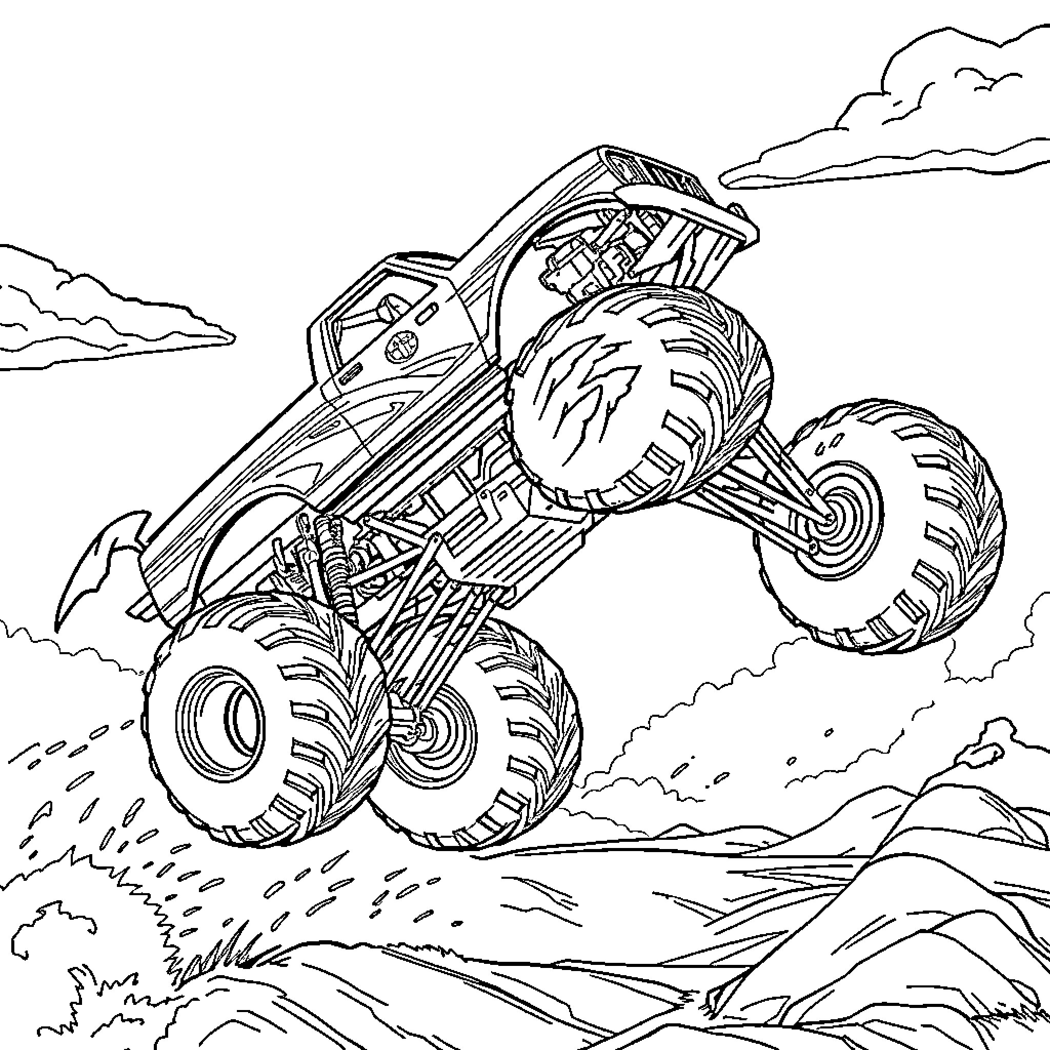Monster Truck Soaring Over Rugged Terrain Coloring Page (free black-and-white line drawing printable PDF for all, from beginners to advanced learners, including children, teens, adults, and seniors)