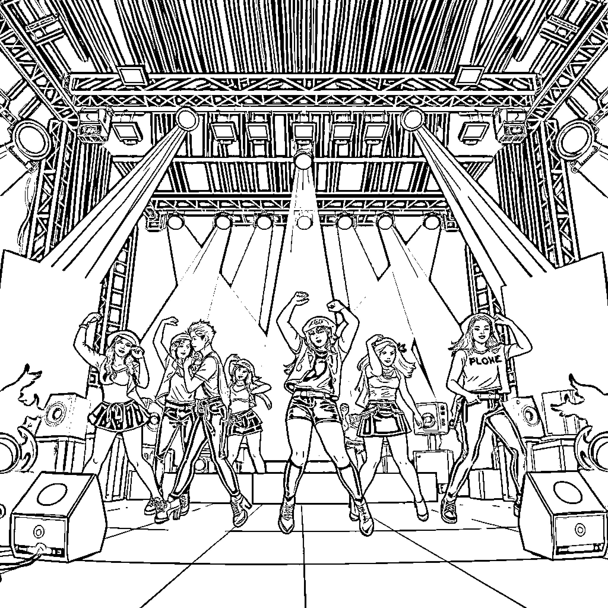 K Pop Performers on Stage with Energetic Expressions Coloring Page (free black-and-white line drawing printable PDF for all, from beginners to advanced learners, including children, teens, adults, and seniors)