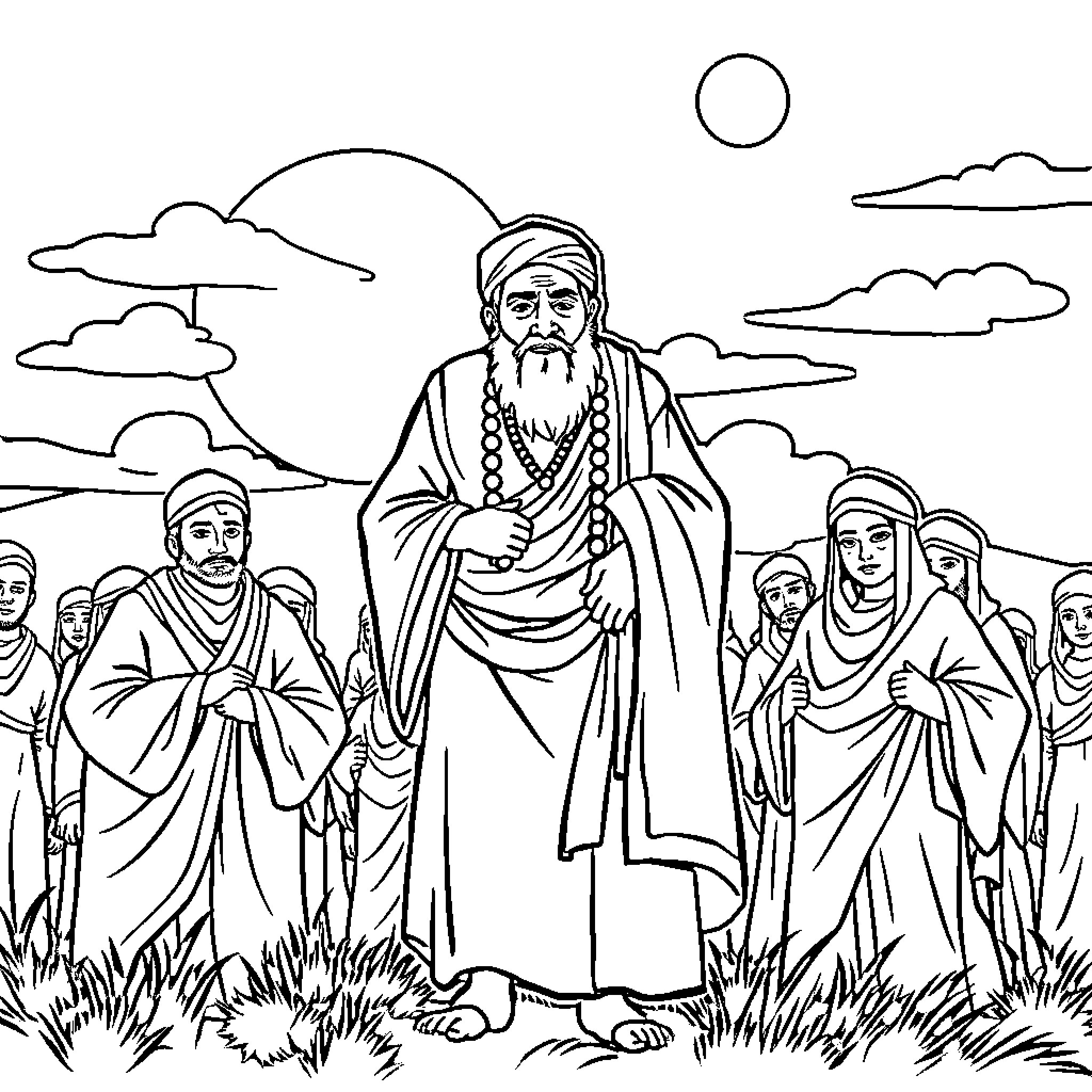 Hazrat Ali preaching to his followers in the desert Coloring Page (free black-and-white line drawing printable PDF for all, from beginners to advanced learners, including children, teens, adults, and seniors)