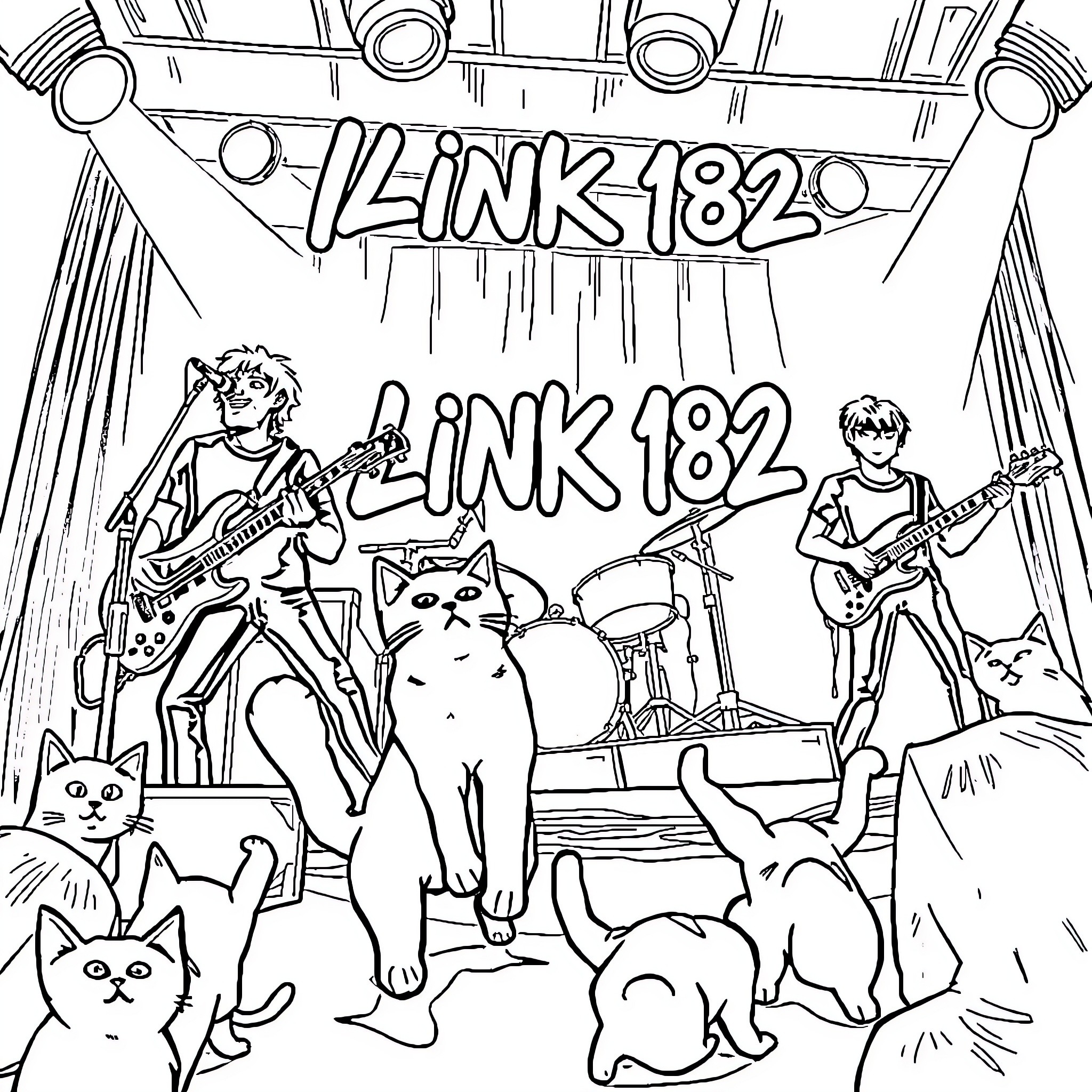 Blink 182 band performing with cats on stage Coloring Page (free black-and-white line drawing printable PDF for all, from beginners to advanced learners, including children, teens, adults, and seniors)
