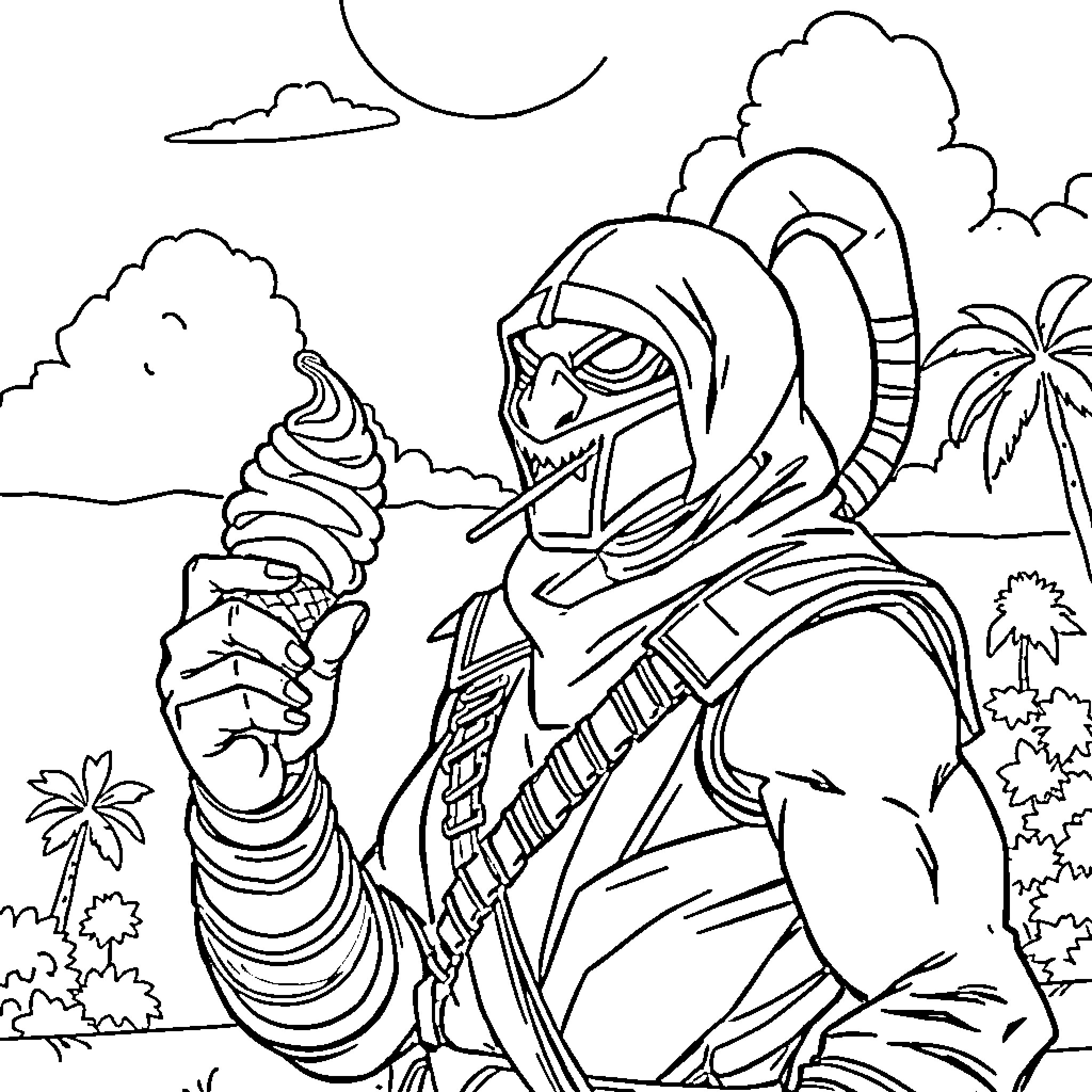 Scorpion enjoying a tropical frozen treat Coloring Page (free black-and-white line drawing printable PDF for all, from beginners to advanced learners, including children, teens, adults, and seniors)