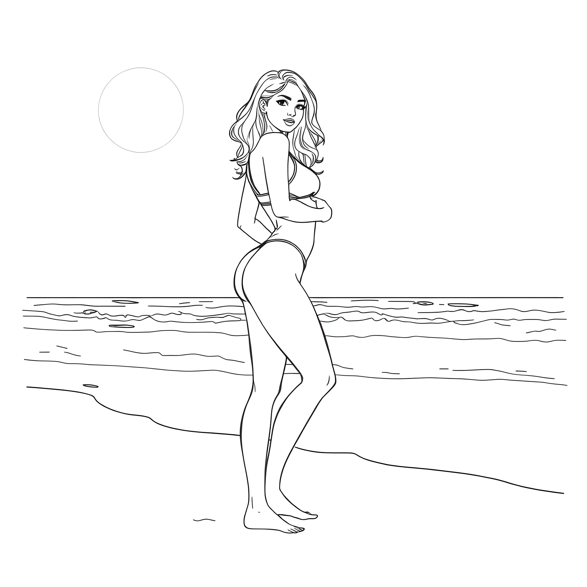 Model posing confidently on the beach Coloring Page (free black-and-white line drawing printable PDF for all, from beginners to advanced learners, including children, teens, adults, and seniors)