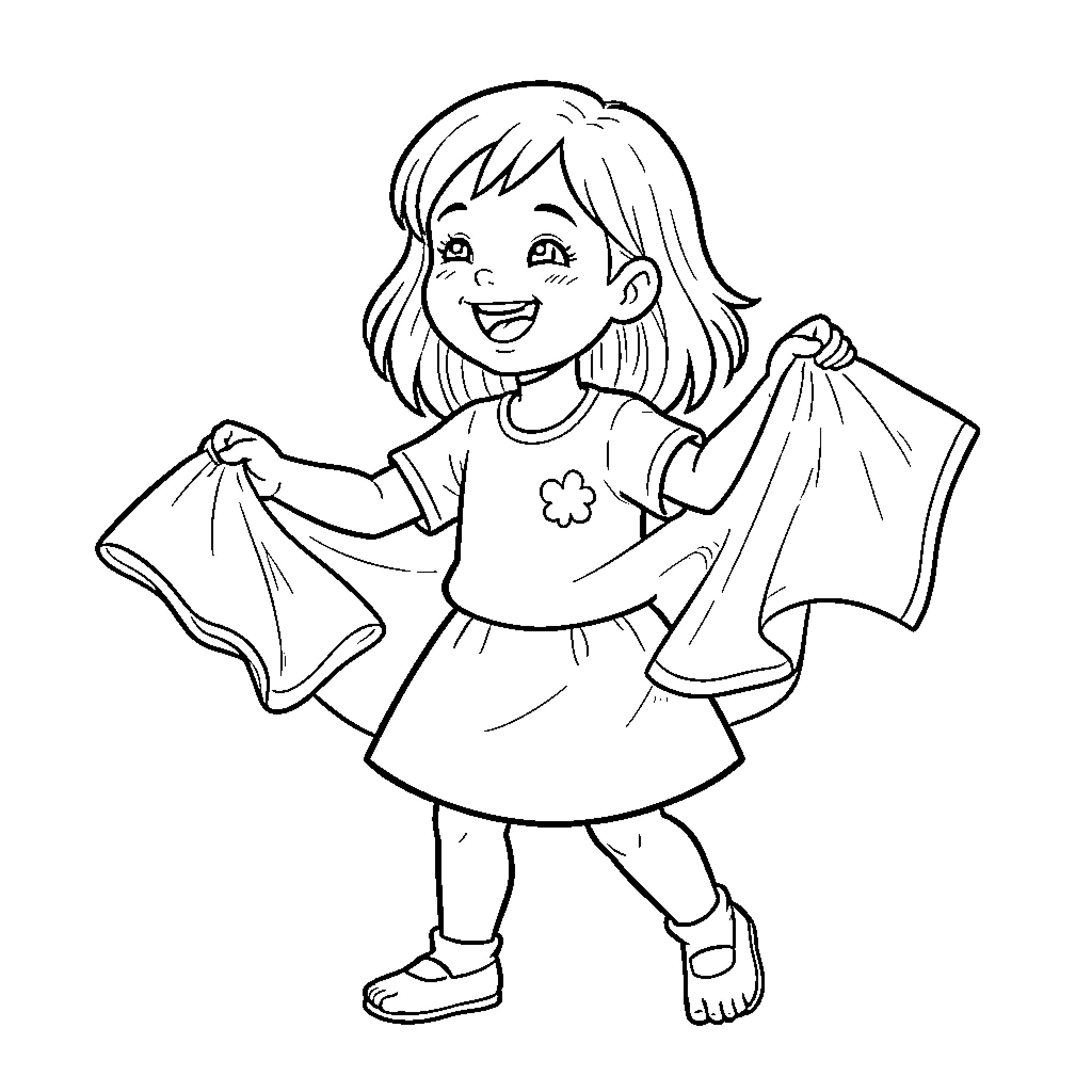 Bambina smiling joyfully while holding up a cloth Coloring Page (free black-and-white line drawing printable PDF for all, from beginners to advanced learners, including children, teens, adults, and seniors)