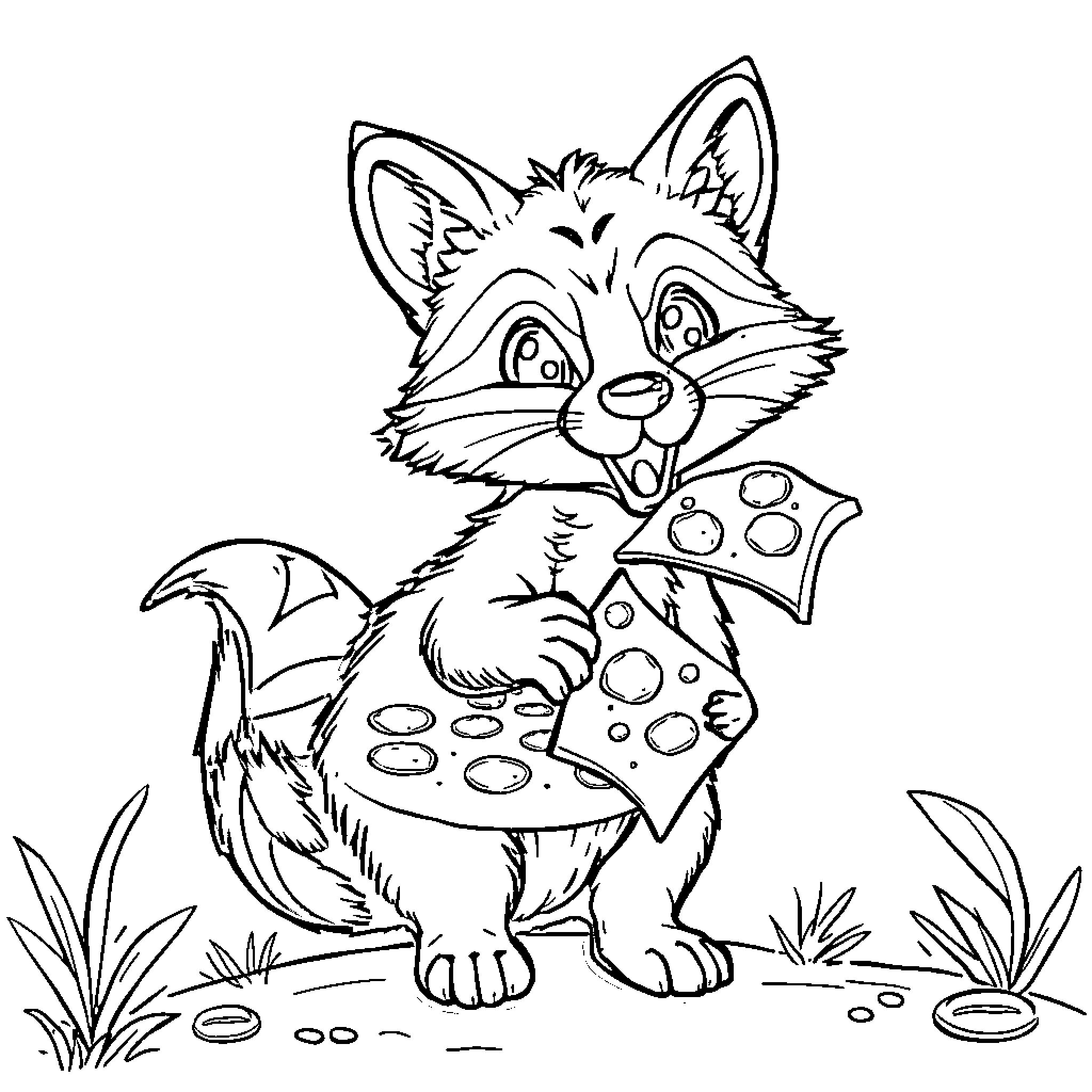 Fox playing with spotted mushroom in forest Coloring Page (free black-and-white line drawing printable PDF for all, from beginners to advanced learners, including children, teens, adults, and seniors)