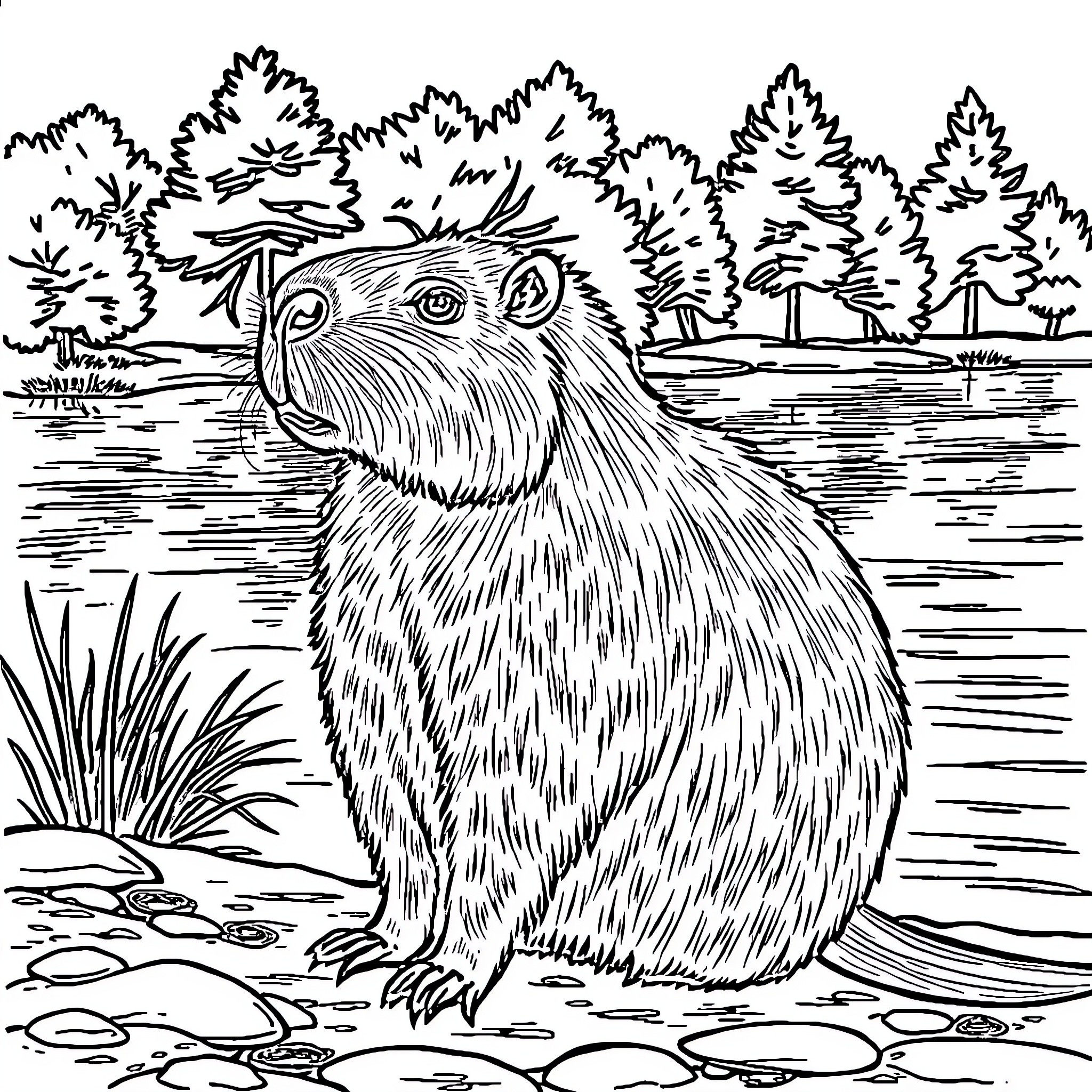 Capybara exploring a serene forest landscape Coloring Page (free black-and-white line drawing printable PDF for all, from beginners to advanced learners, including children, teens, adults, and seniors)
