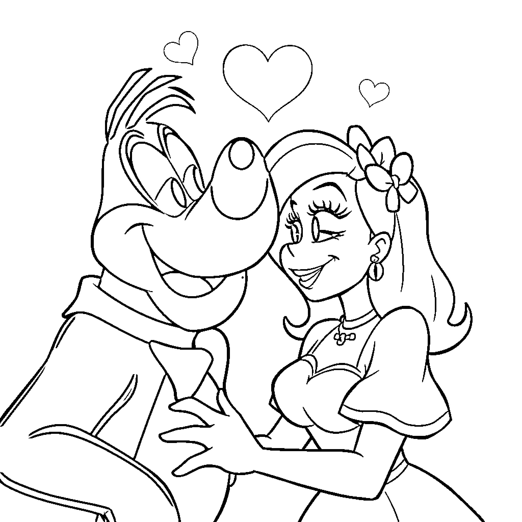 Max Goof's Playful Embrace with a Smiling Companion Coloring Page (free black-and-white line drawing printable PDF for all, from beginners to advanced learners, including children, teens, adults, and seniors)