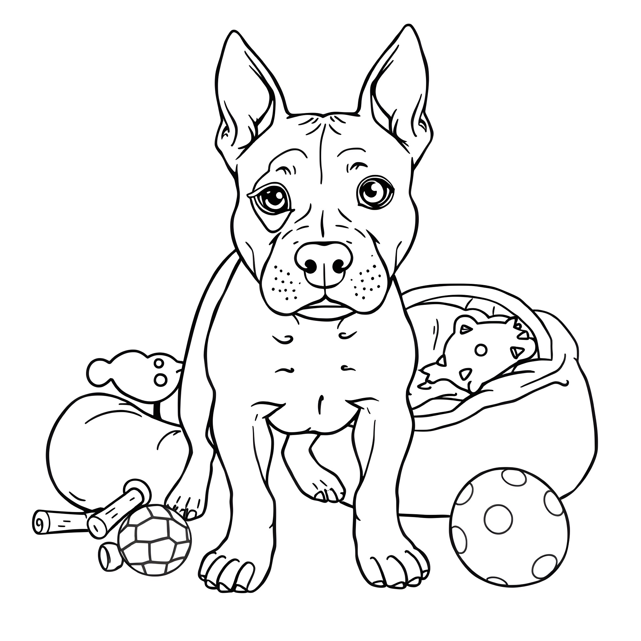 Pitbull surrounded by toys and balls Coloring Page (free black-and-white line drawing printable PDF for all, from beginners to advanced learners, including children, teens, adults, and seniors)