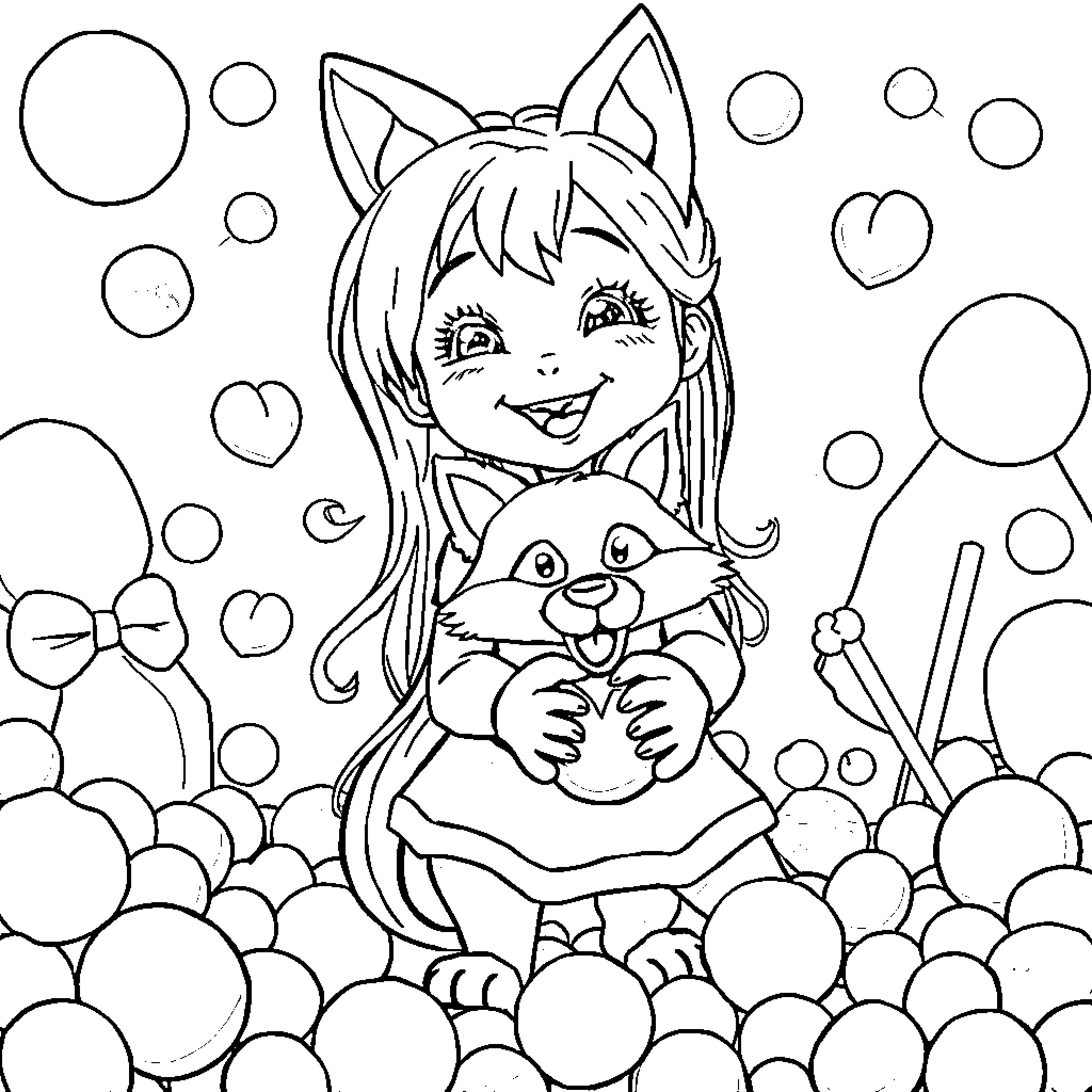 Girl cuddling a cute stuffed animal surrounded by bubbles Coloring Page (free black-and-white line drawing printable PDF for all, from beginners to advanced learners, including children, teens, adults, and seniors)
