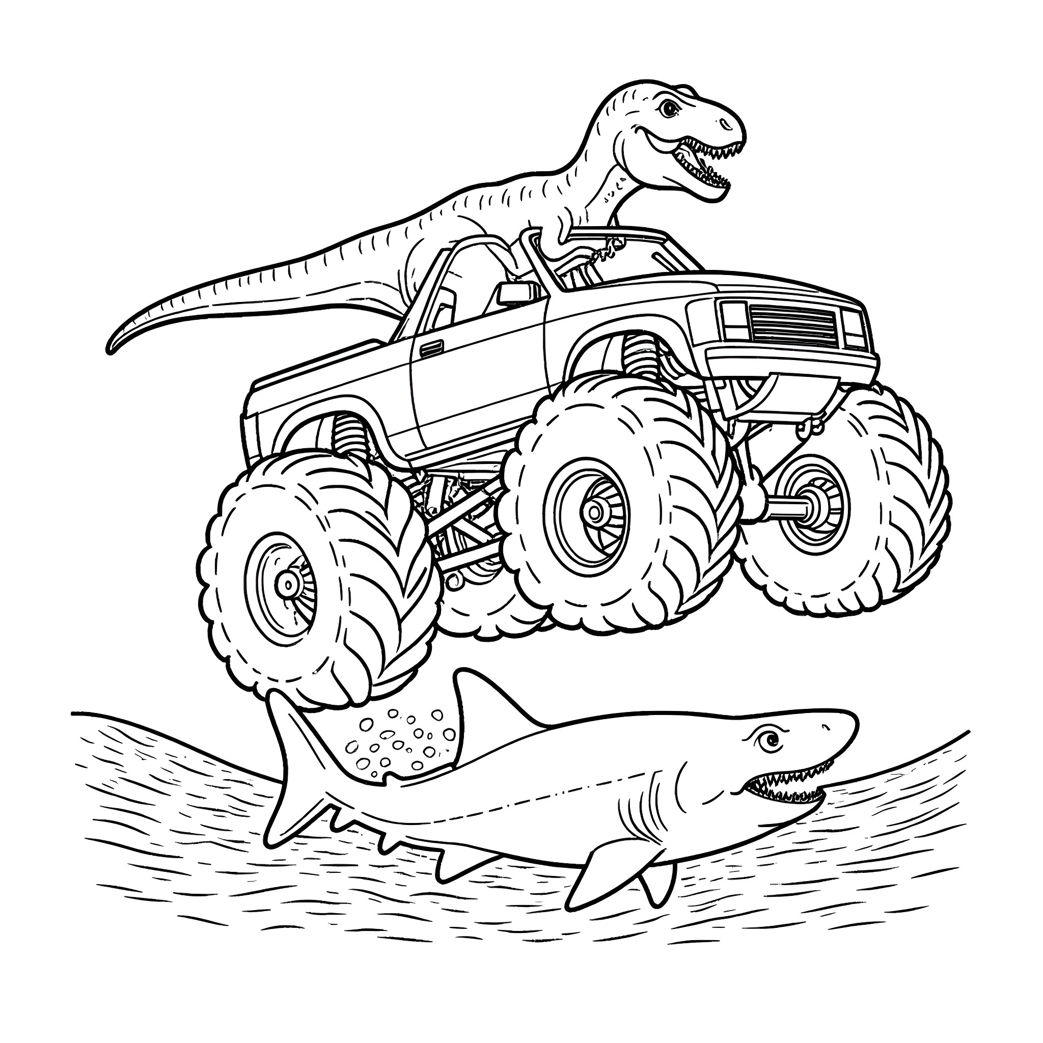 T-Rex riding a monster truck over sharks Coloring Page (free black-and-white line drawing printable PDF for all, from beginners to advanced learners, including children, teens, adults, and seniors)