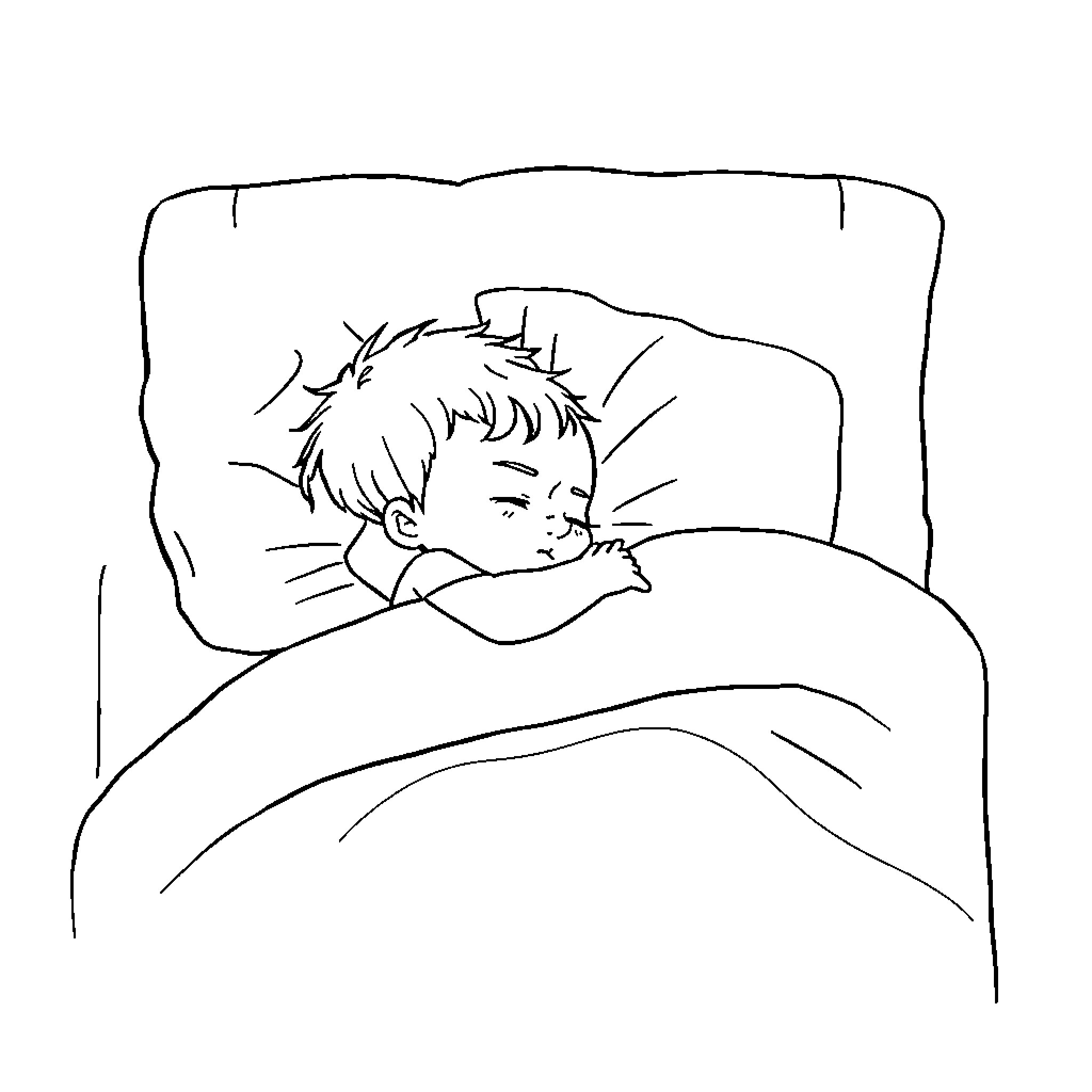 Child sleeping peacefully in bed Coloring Page (free black-and-white line drawing printable PDF for all, from beginners to advanced learners, including children, teens, adults, and seniors)