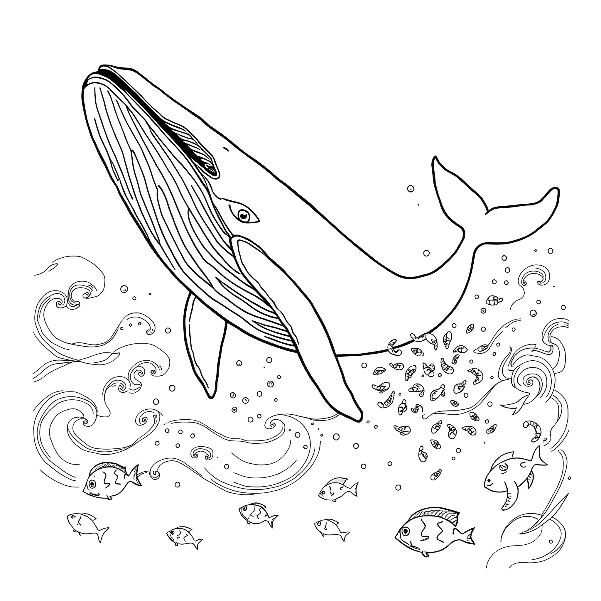Whale swimming amidst whimsical underwater scene Coloring Page (free black-and-white line drawing printable PDF for all, from beginners to advanced learners, including children, teens, adults, and seniors)