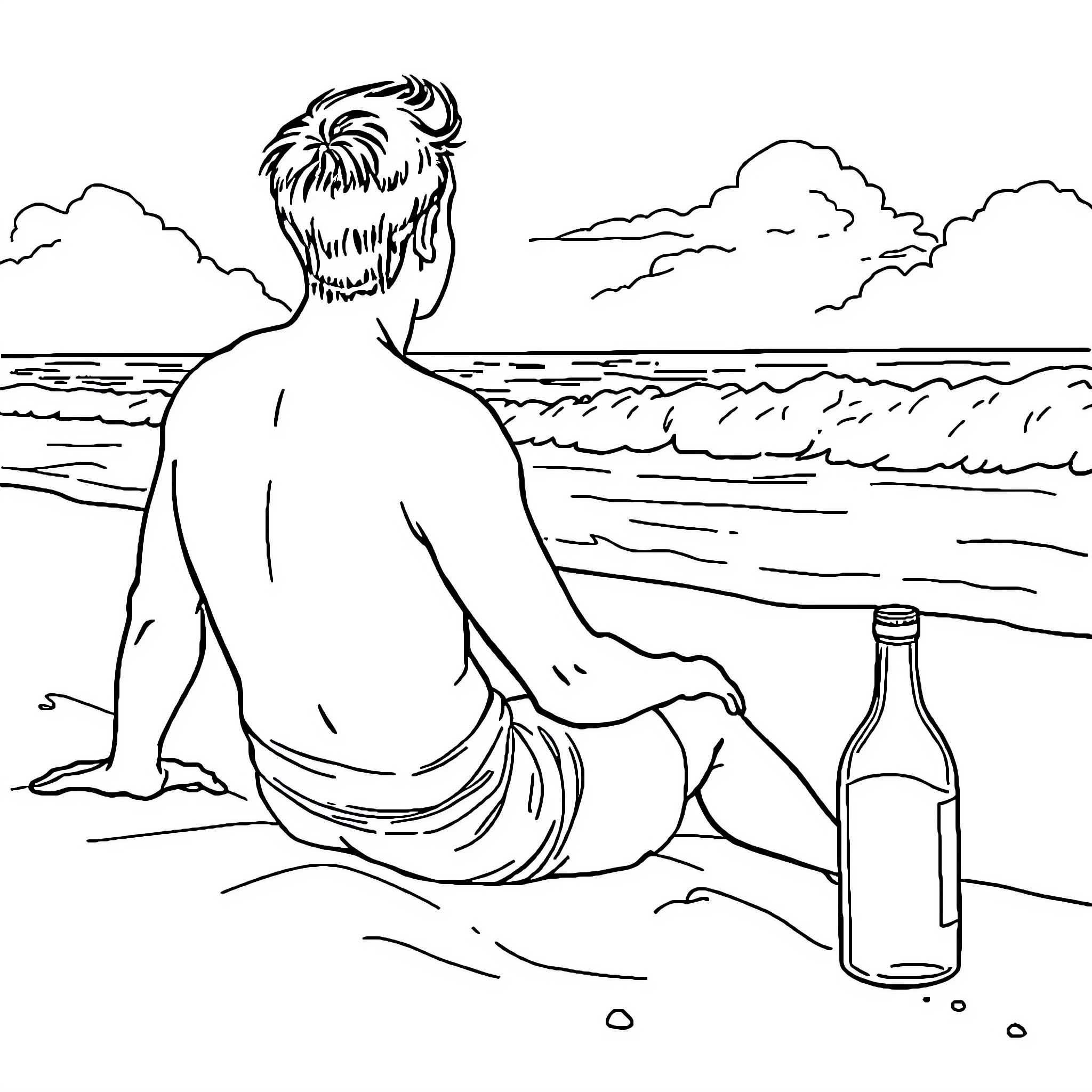 Surf's Up: A Pensive Figure on the Beach Coloring Page (free black-and-white line drawing printable PDF for all, from beginners to advanced learners, including children, teens, adults, and seniors)