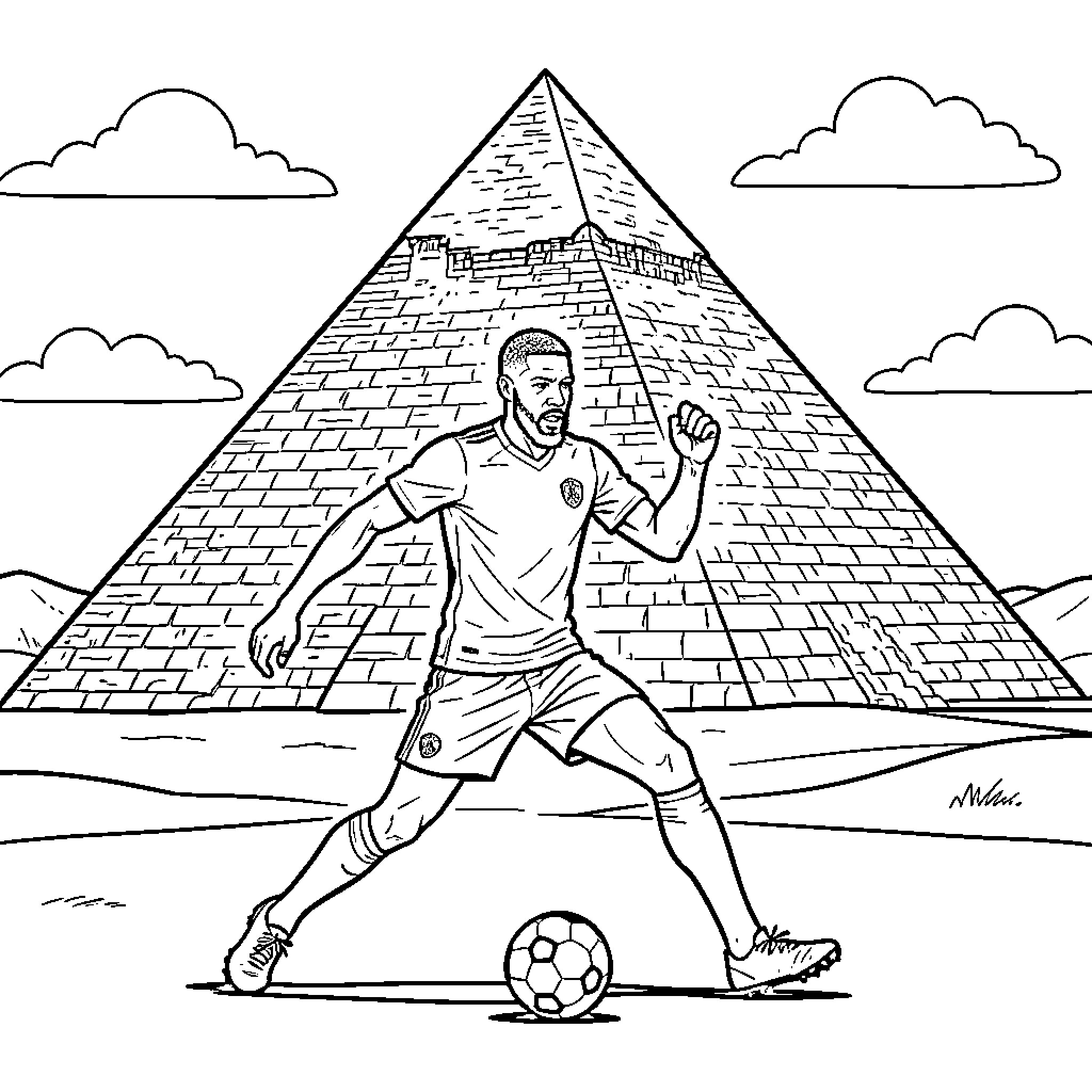 Romelu Lukaku dribbling a soccer ball near a pyramid Coloring Page (free black-and-white line drawing printable PDF for all, from beginners to advanced learners, including children, teens, adults, and seniors)