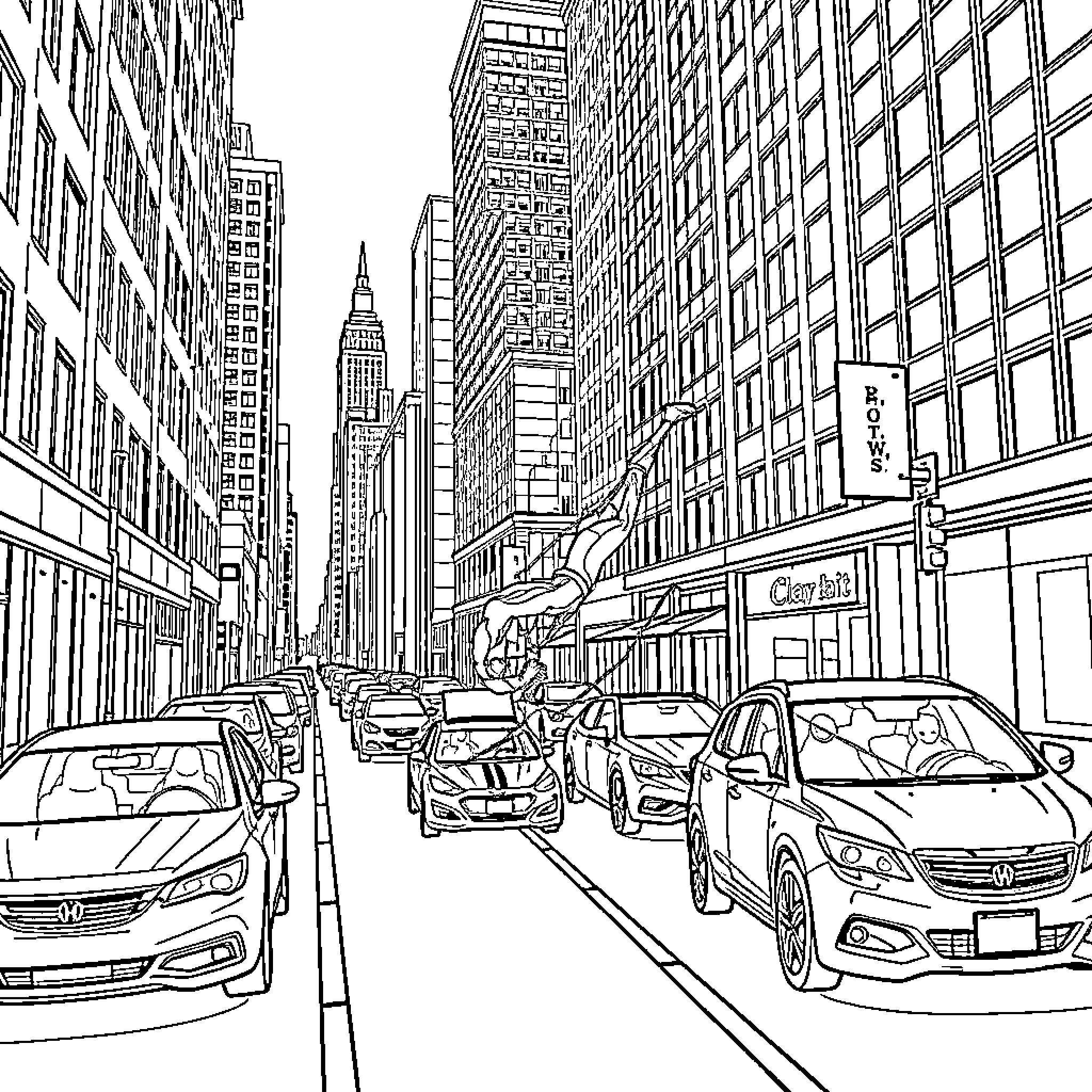 Cars Driving Through a Busy City Street Coloring Page (free black-and-white line drawing printable PDF for all, from beginners to advanced learners, including children, teens, adults, and seniors)