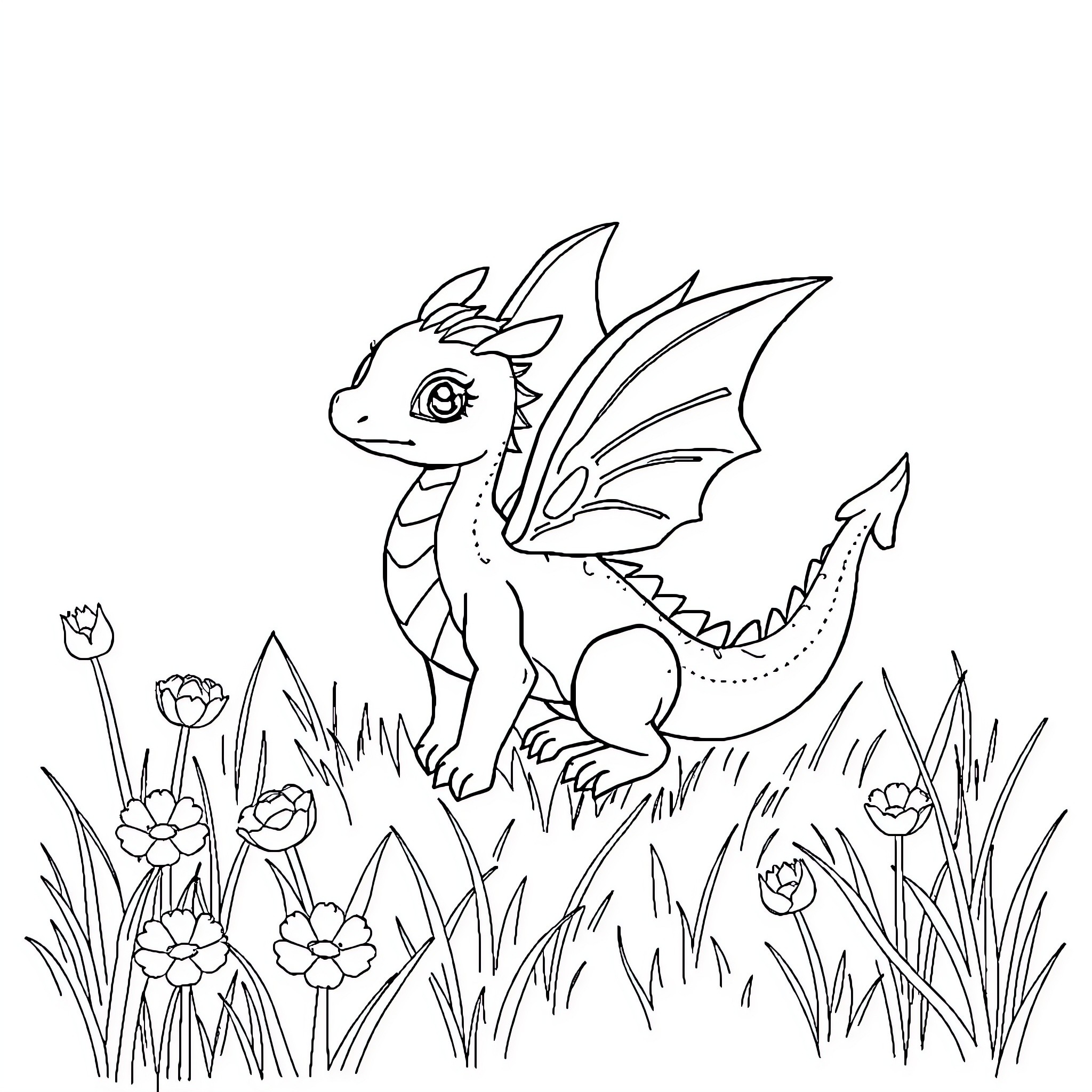 Dragon Hatchling Exploring Flower-Filled Field Coloring Page (free black-and-white line drawing printable PDF for all, from beginners to advanced learners, including children, teens, adults, and seniors)