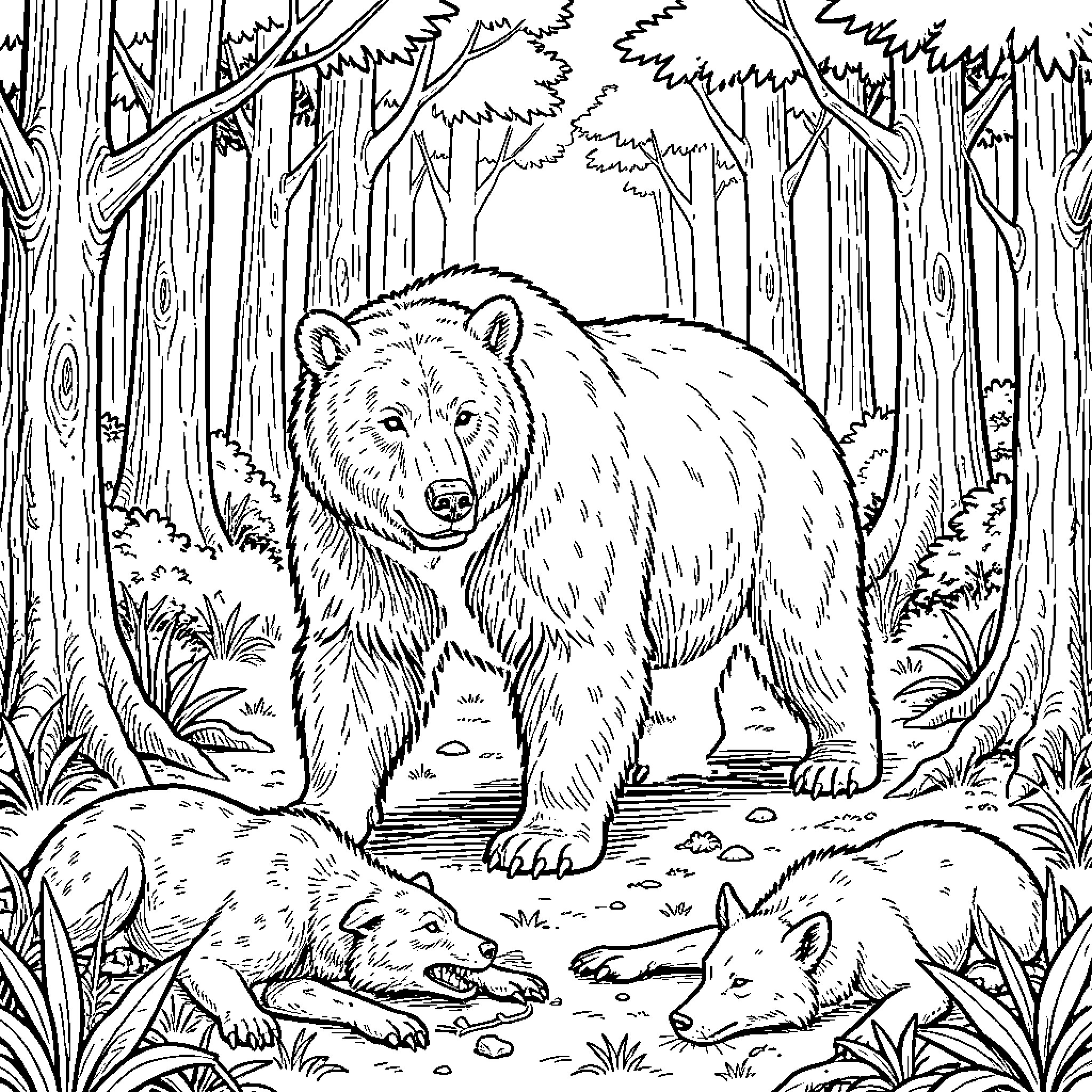 Bear exploring the forest with animals Coloring Page (free black-and-white line drawing printable PDF for all, from beginners to advanced learners, including children, teens, adults, and seniors)