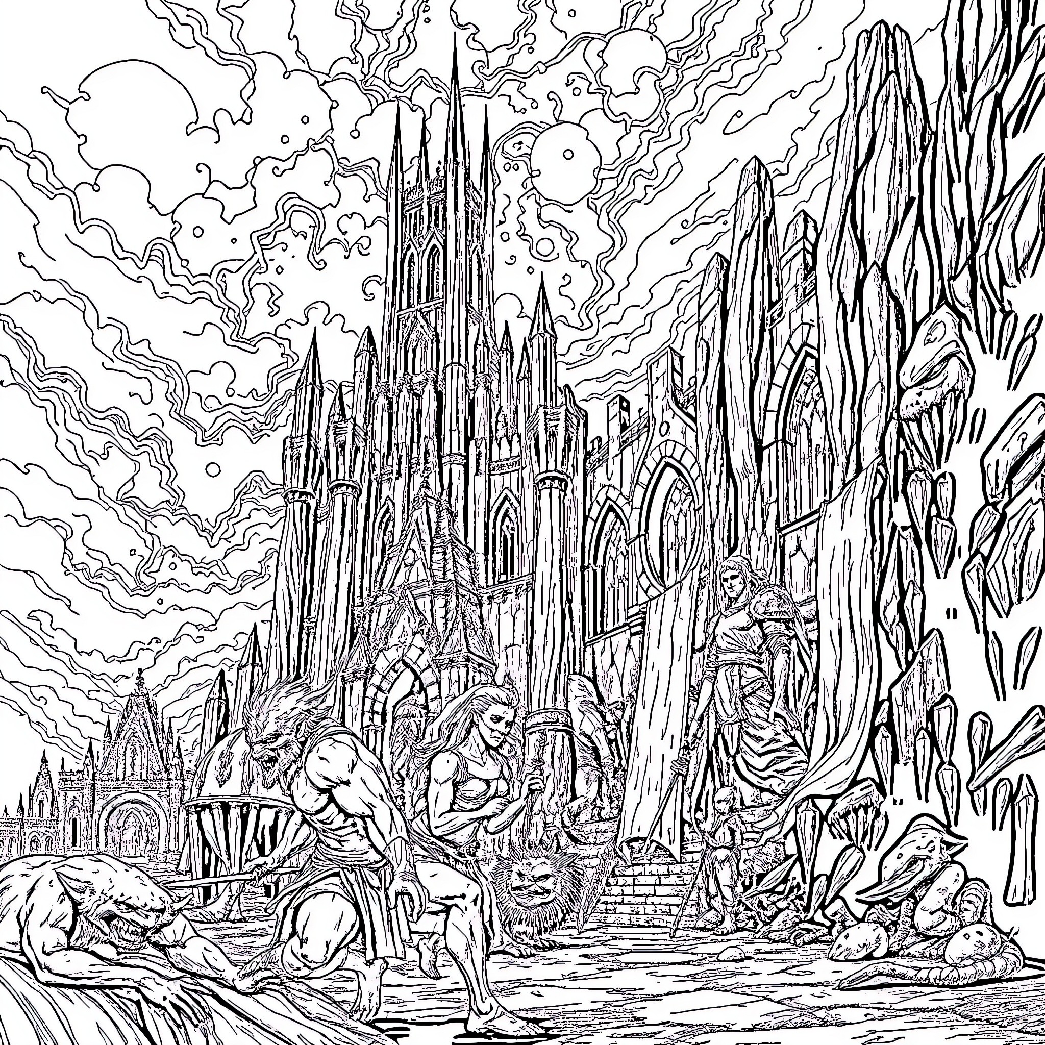 Elden Ring: Dark, Mysterious Fortress Amid Ethereal Landscapes Coloring Page (free black-and-white line drawing printable PDF for all, from beginners to advanced learners, including children, teens, adults, and seniors)