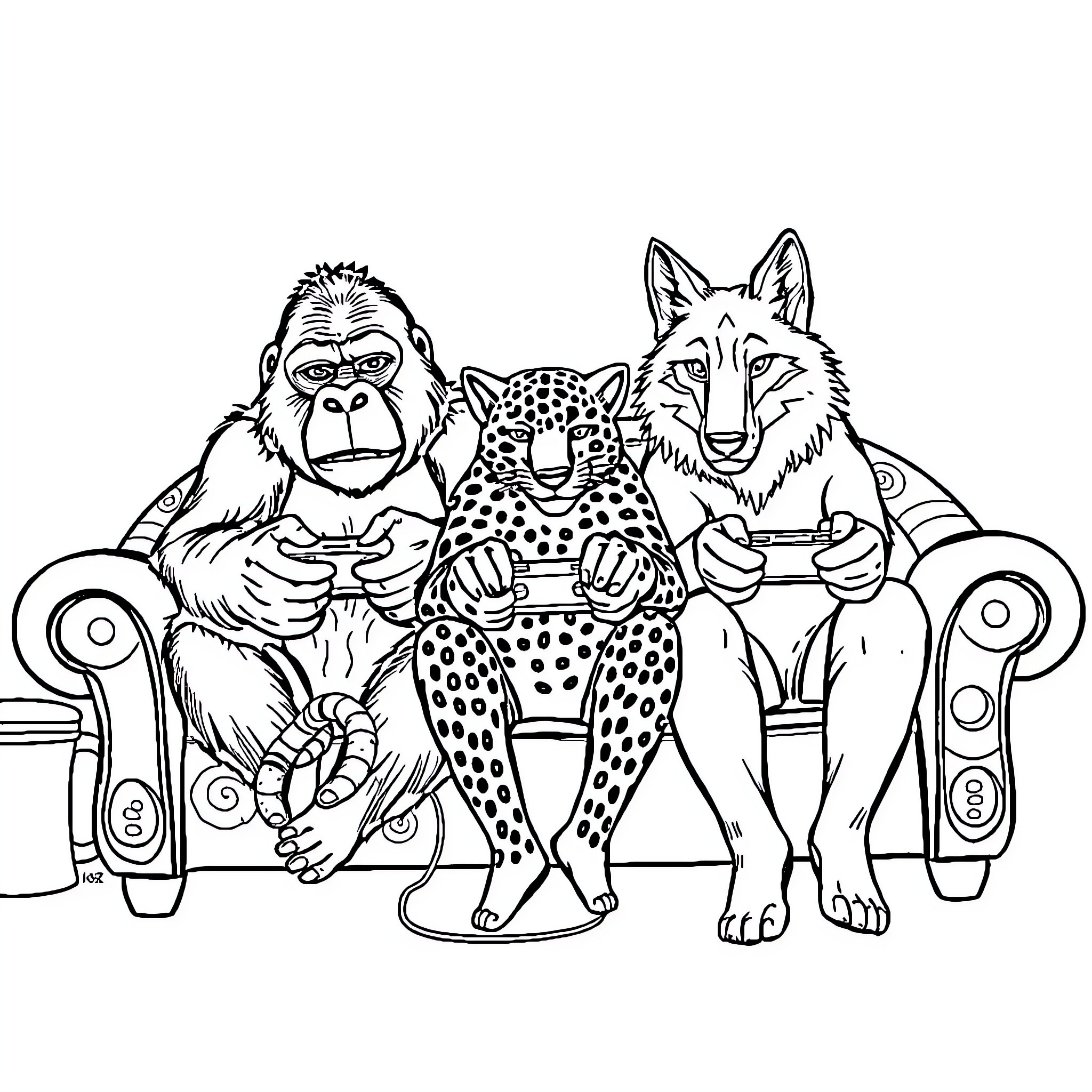 Gorilla, Leopard, and Wolf Relaxing on a Sofa Coloring Page (free black-and-white line drawing printable PDF for all, from beginners to advanced learners, including children, teens, adults, and seniors)