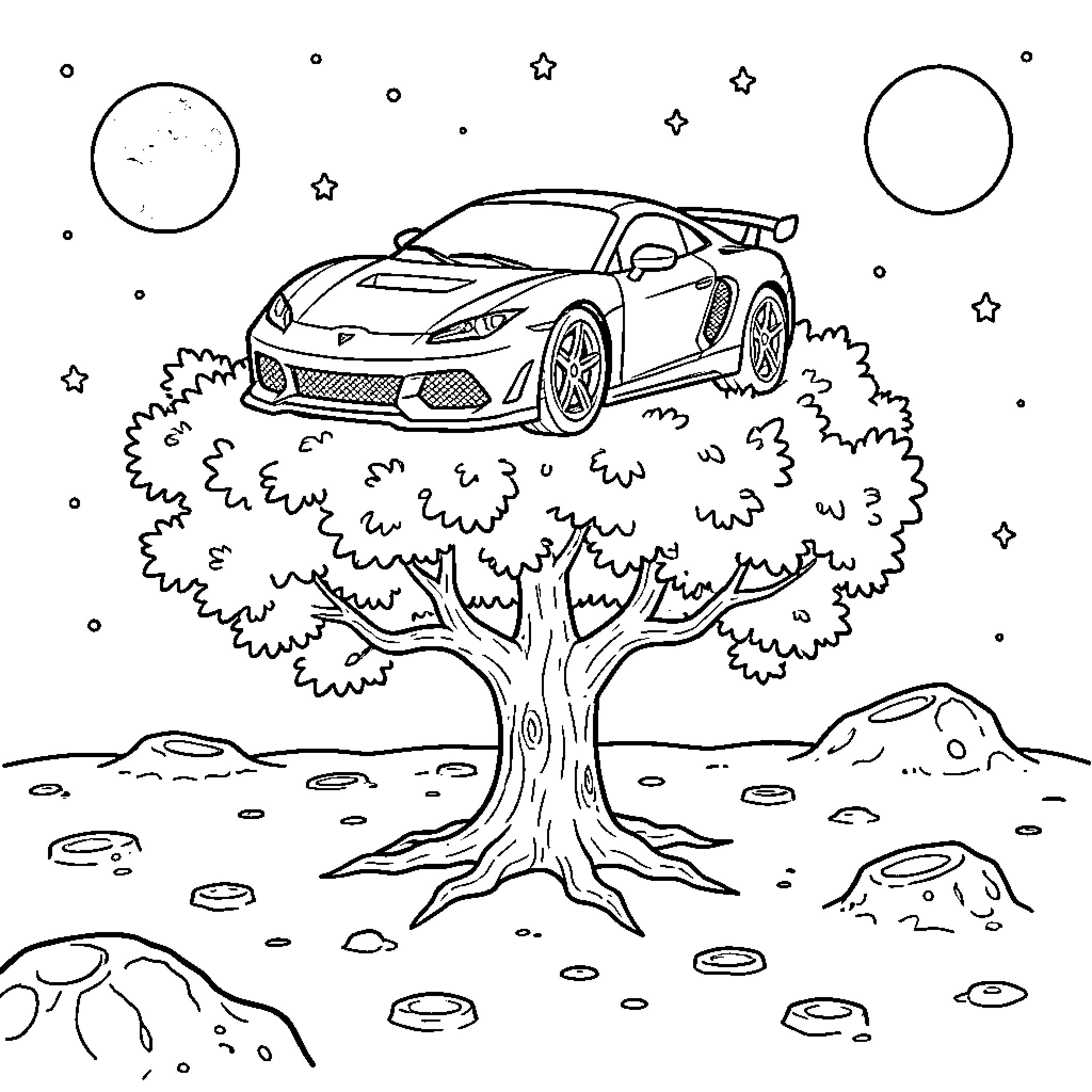 Voiture parked on top of a tree in space Coloring Page (free black-and-white line drawing printable PDF for all, from beginners to advanced learners, including children, teens, adults, and seniors)