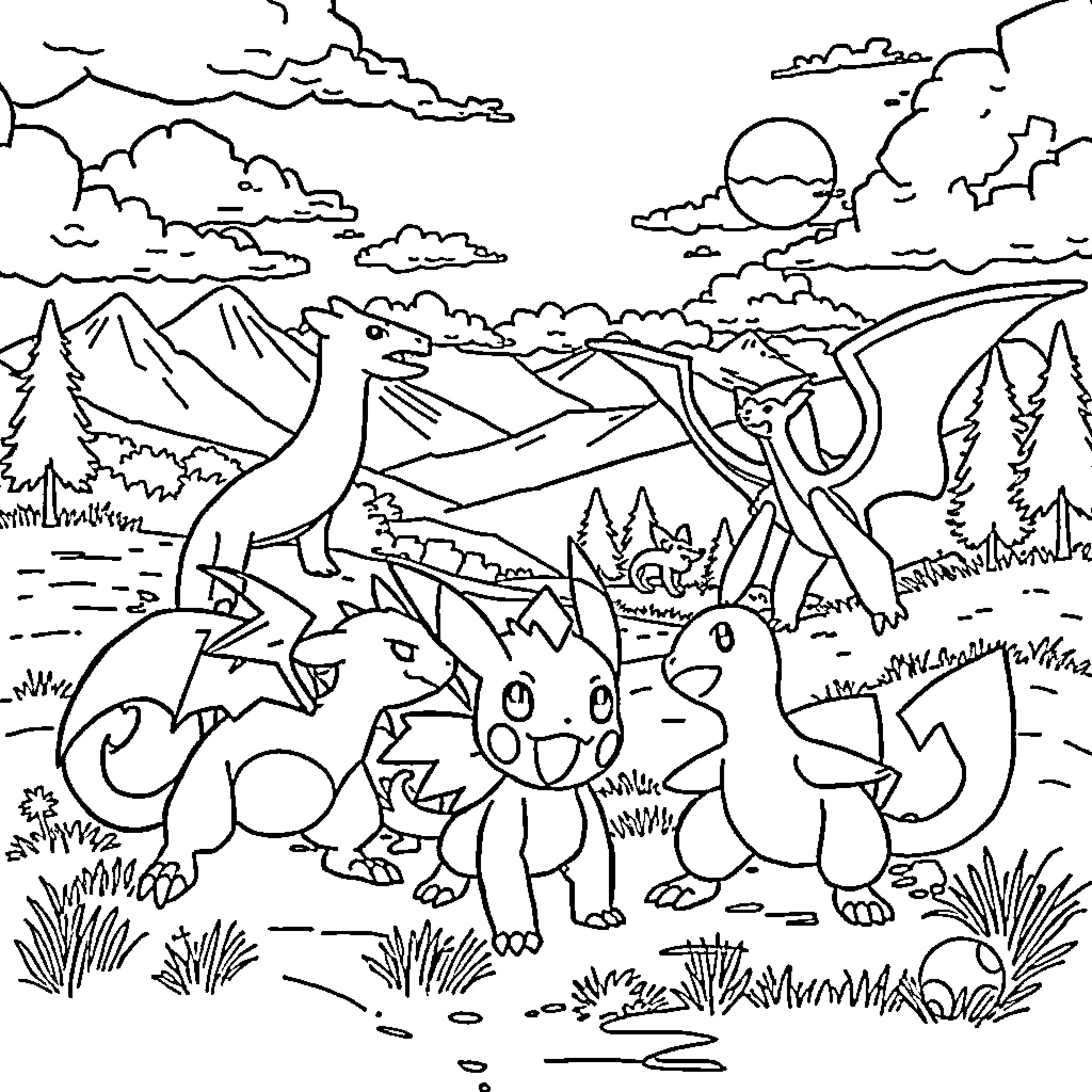 Pokémon characters exploring a natural landscape Coloring Page (free black-and-white line drawing printable PDF for all, from beginners to advanced learners, including children, teens, adults, and seniors)