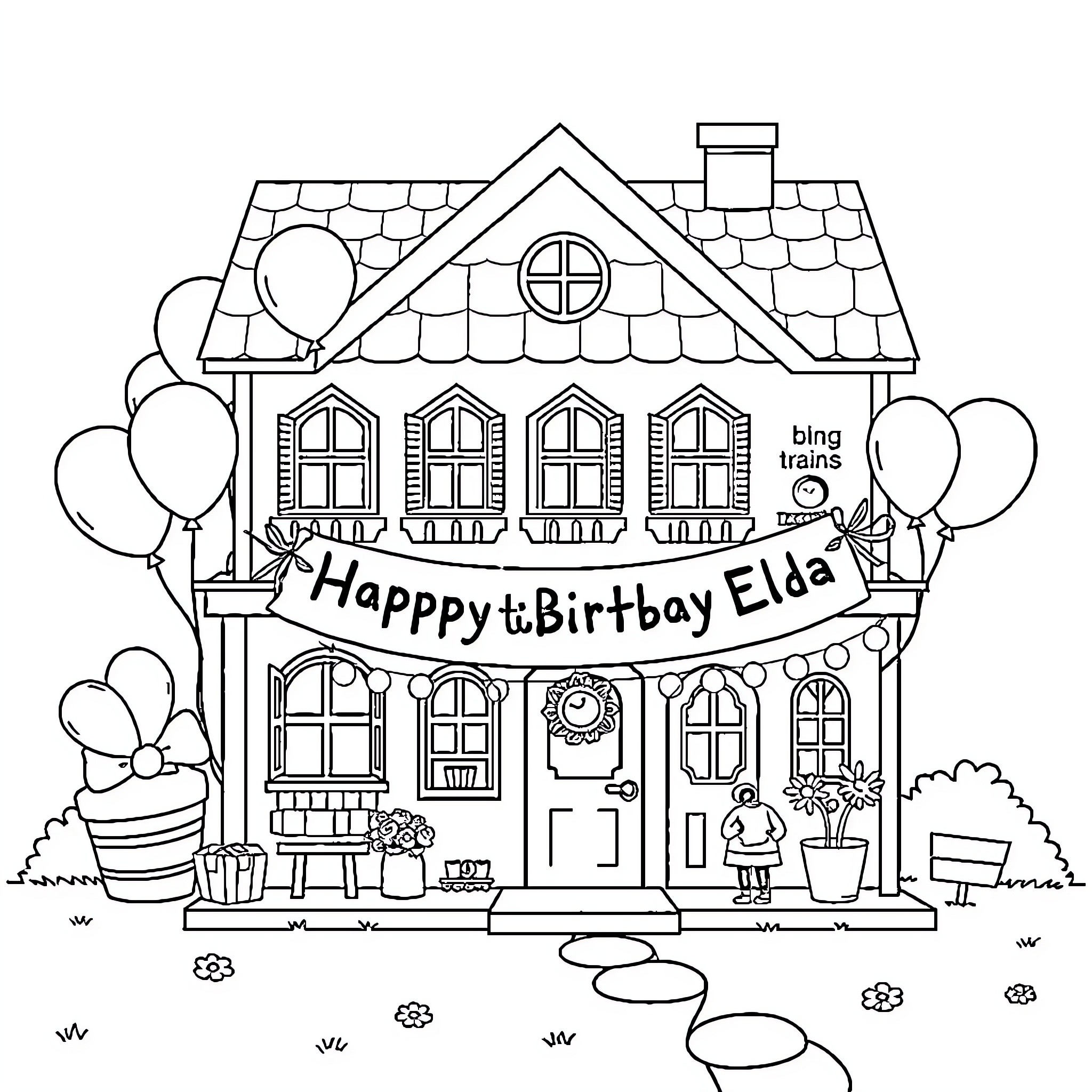 Dollhouse decorated for a birthday celebration Coloring Page (free black-and-white line drawing printable PDF for all, from beginners to advanced learners, including children, teens, adults, and seniors)