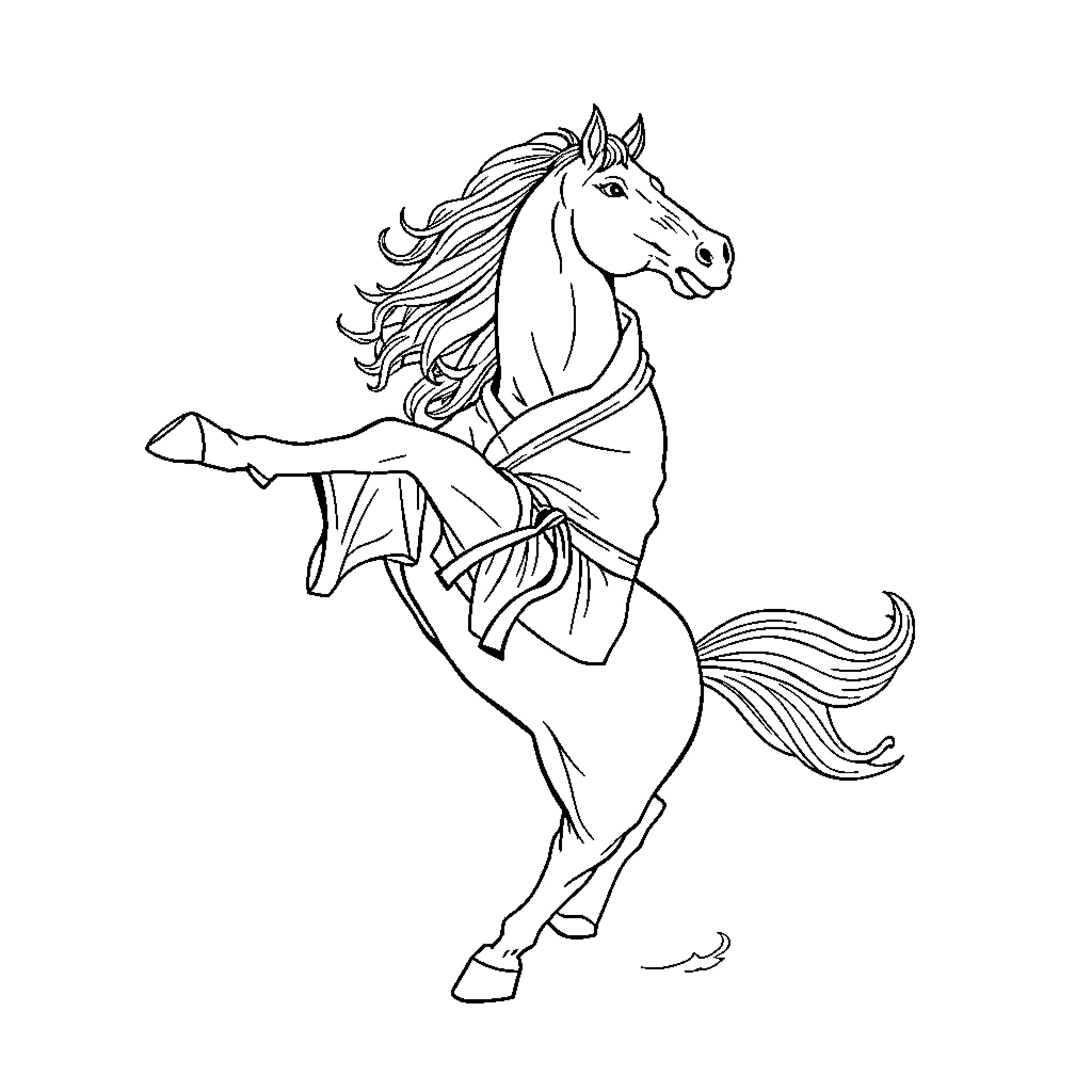 Horse galloping in flowing robes Coloring Page (free black-and-white line drawing printable PDF for all, from beginners to advanced learners, including children, teens, adults, and seniors)