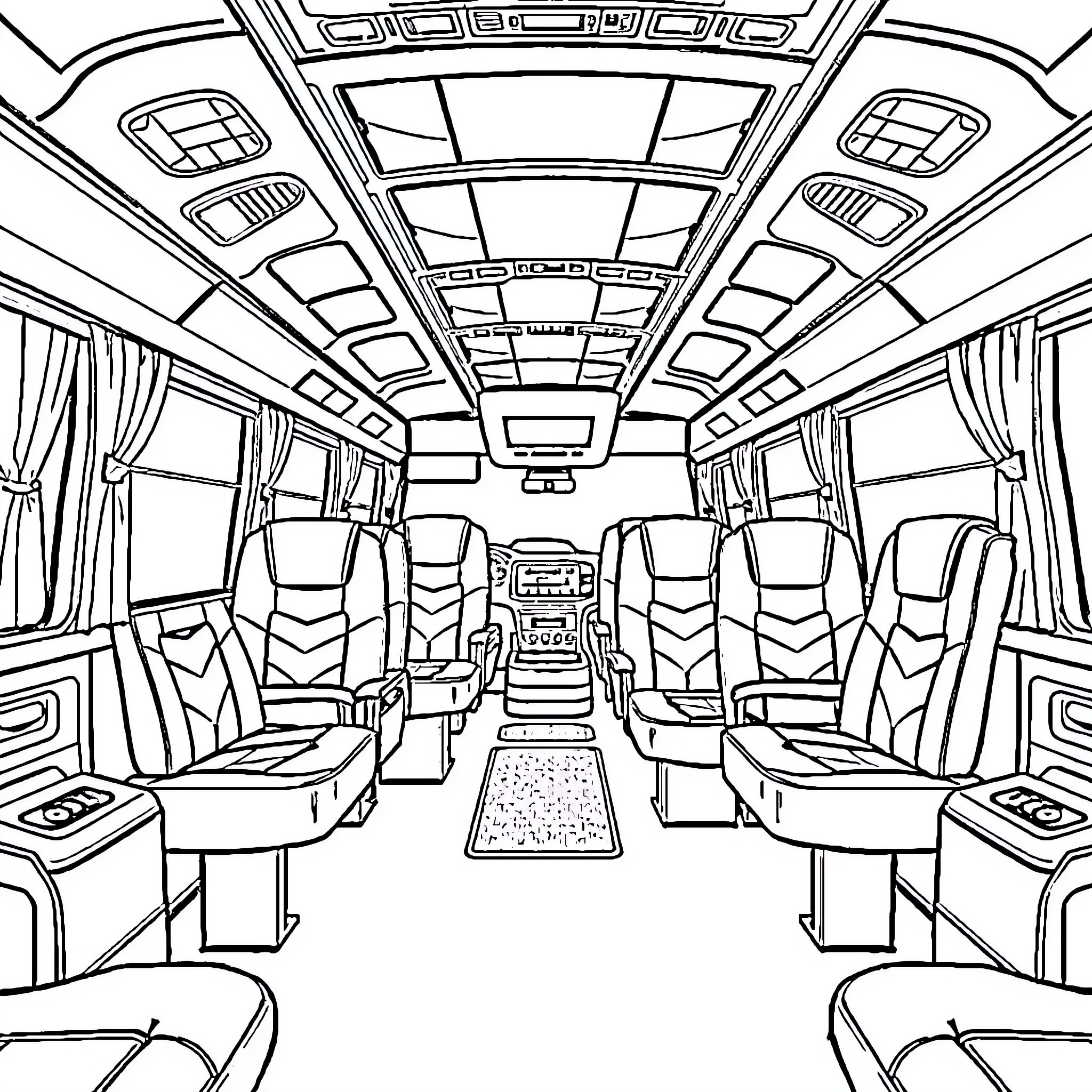Bus Interior with Varied Seating and Equipment Coloring Page (free black-and-white line drawing printable PDF for all, from beginners to advanced learners, including children, teens, adults, and seniors)