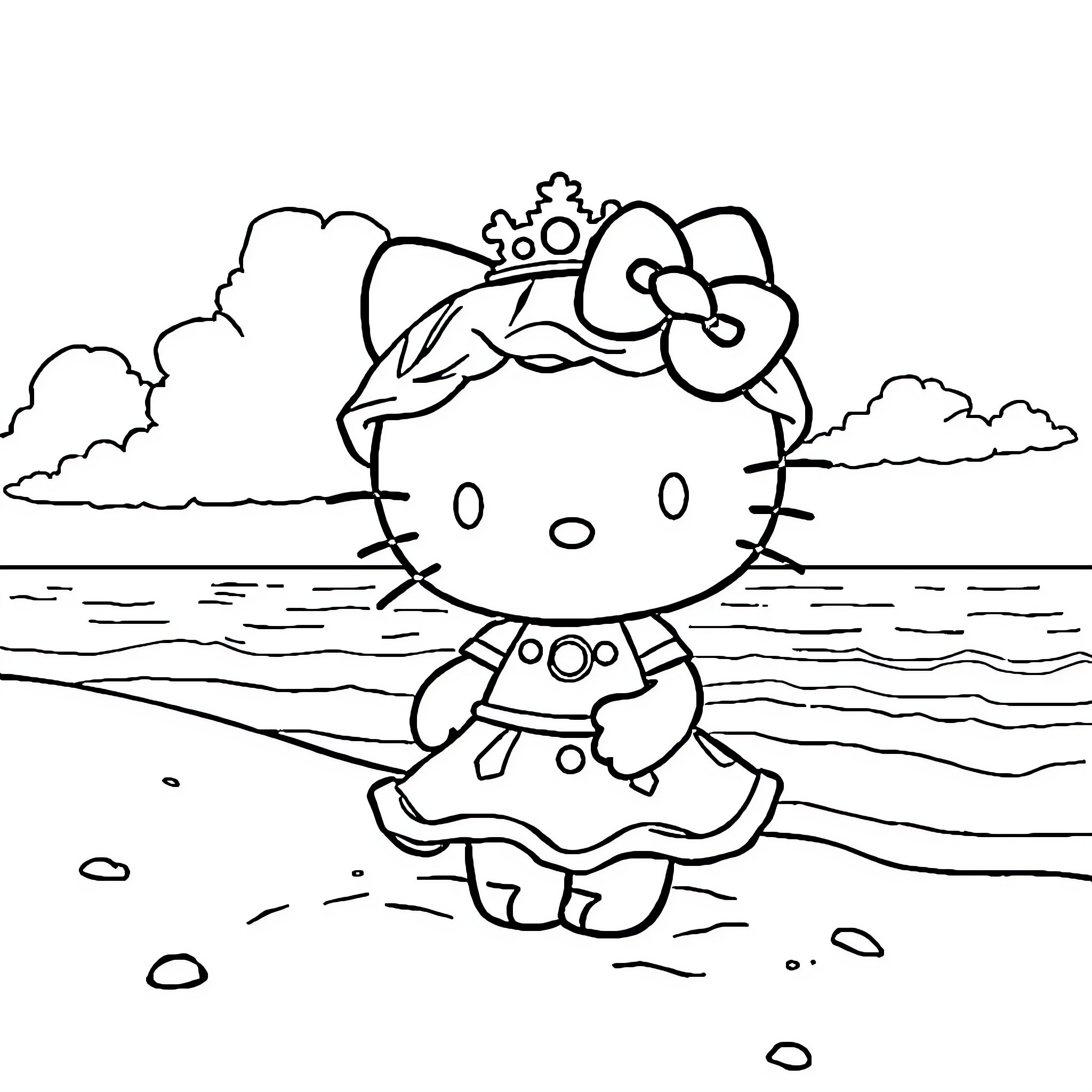 Hello Kitty playing by the seaside Coloring Page (free black-and-white line drawing printable PDF for all, from beginners to advanced learners, including children, teens, adults, and seniors)