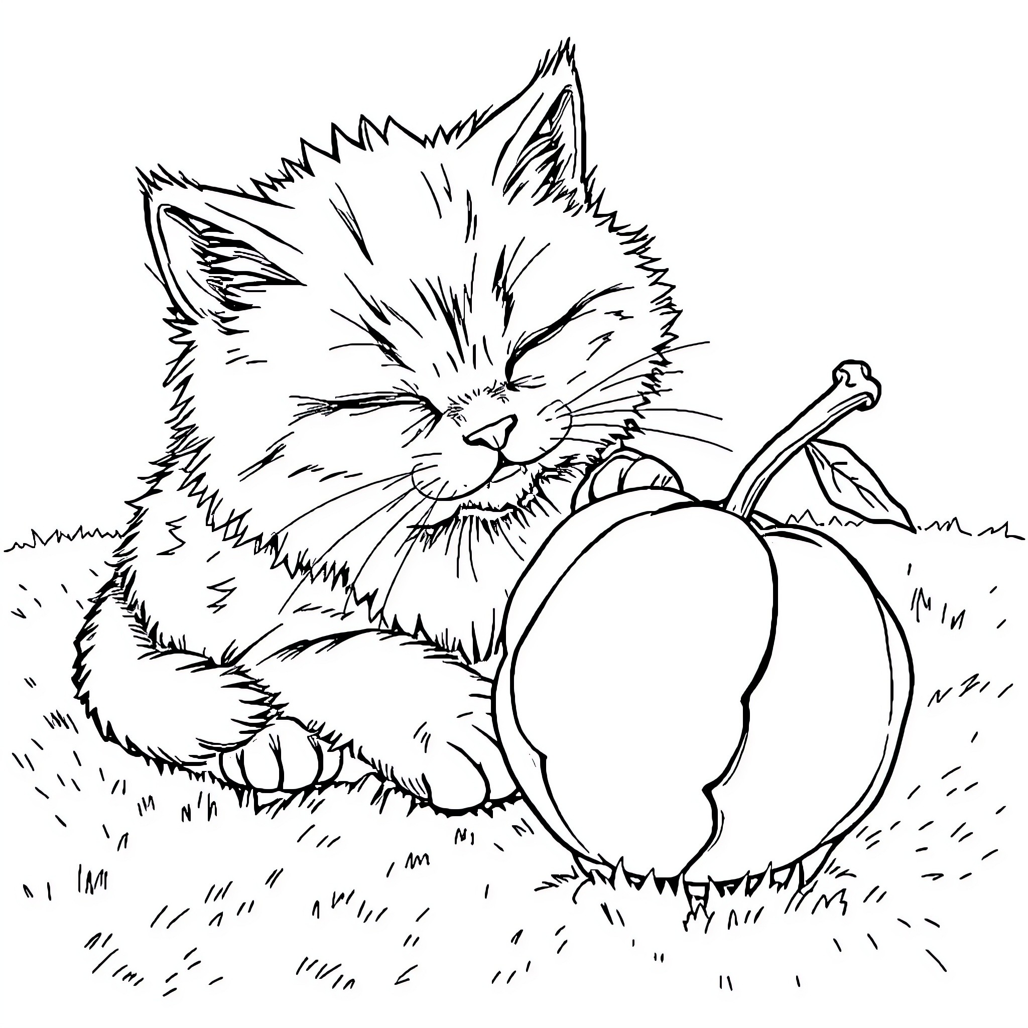 Cat cuddling a large peach Coloring Page (free black-and-white line drawing printable PDF for all, from beginners to advanced learners, including children, teens, adults, and seniors)
