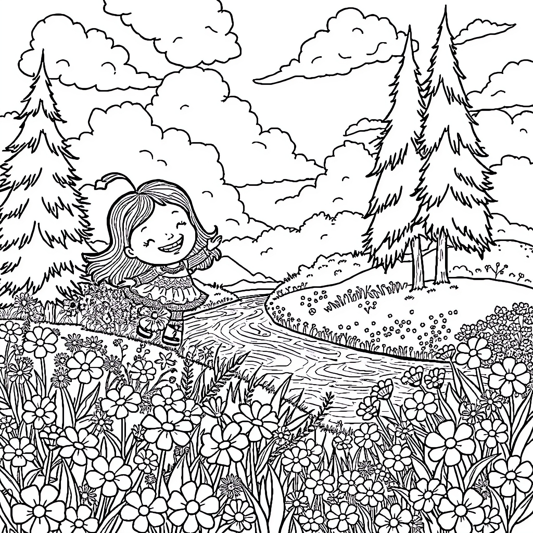 Girl exploring the enchanted forest Coloring Page (free black-and-white line drawing printable PDF for all, from beginners to advanced learners, including children, teens, adults, and seniors)