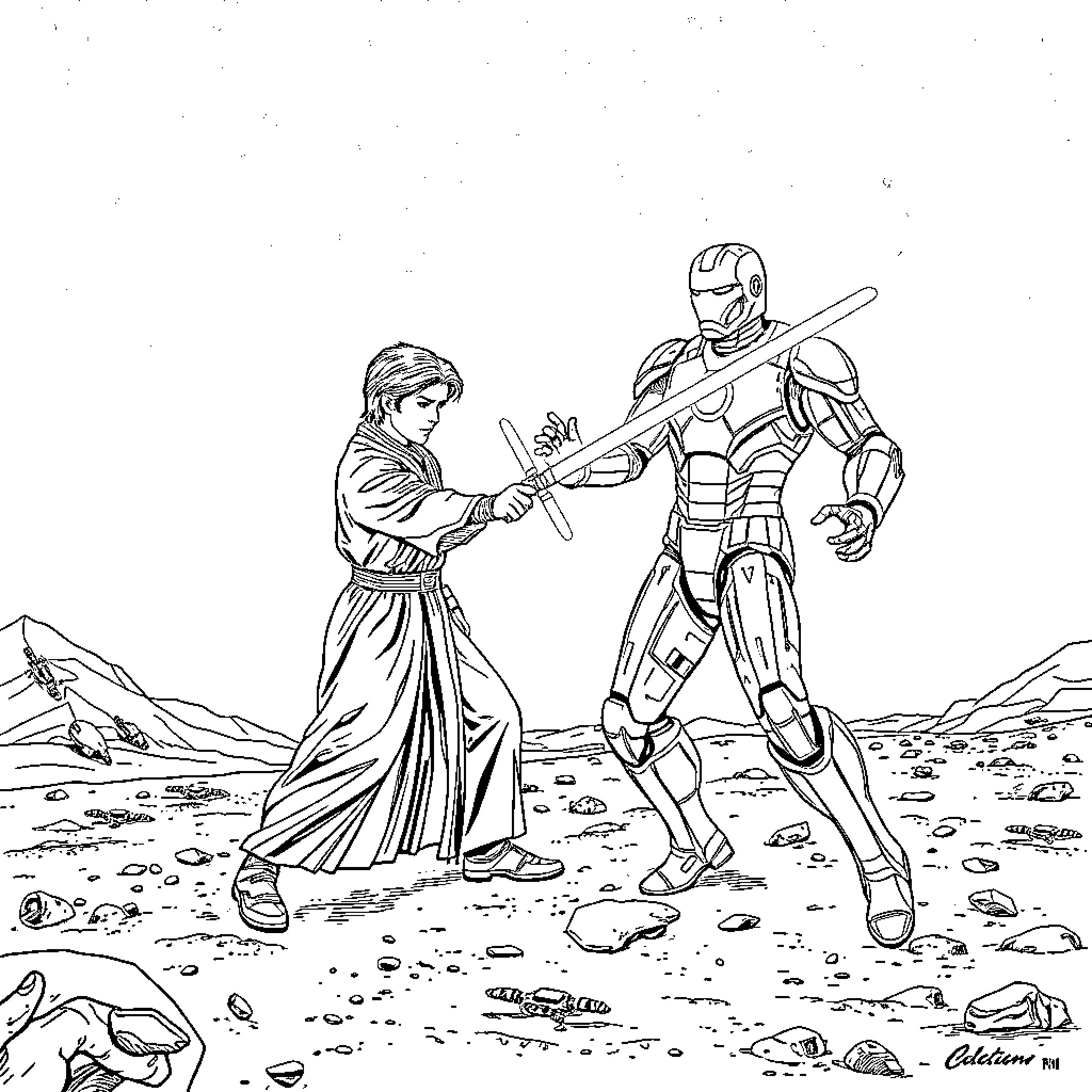 Jedi Knights training together in a desert landscape Coloring Page (free black-and-white line drawing printable PDF for all, from beginners to advanced learners, including children, teens, adults, and seniors)