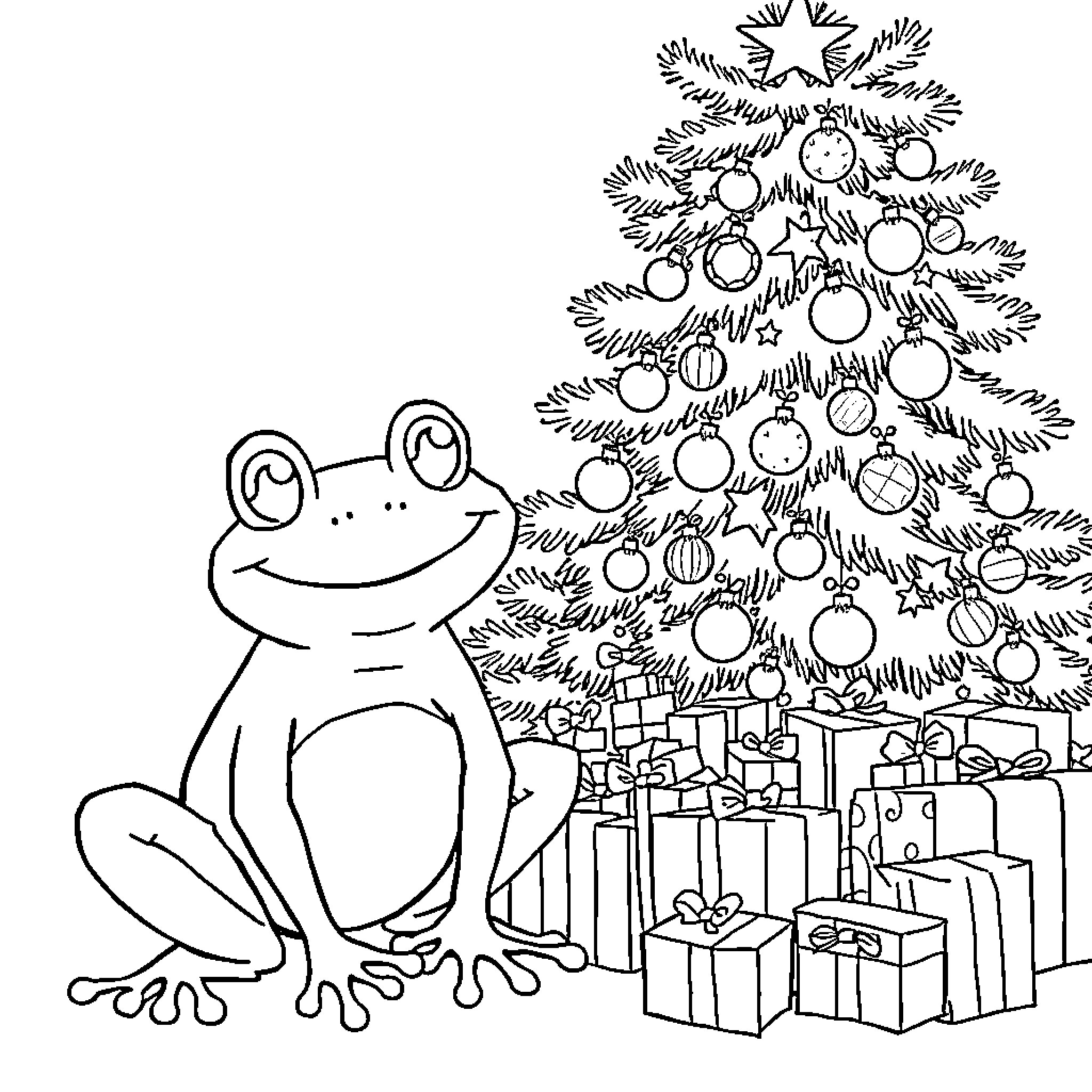 Frog sitting under decorated Christmas tree Coloring Page (free black-and-white line drawing printable PDF for all, from beginners to advanced learners, including children, teens, adults, and seniors)