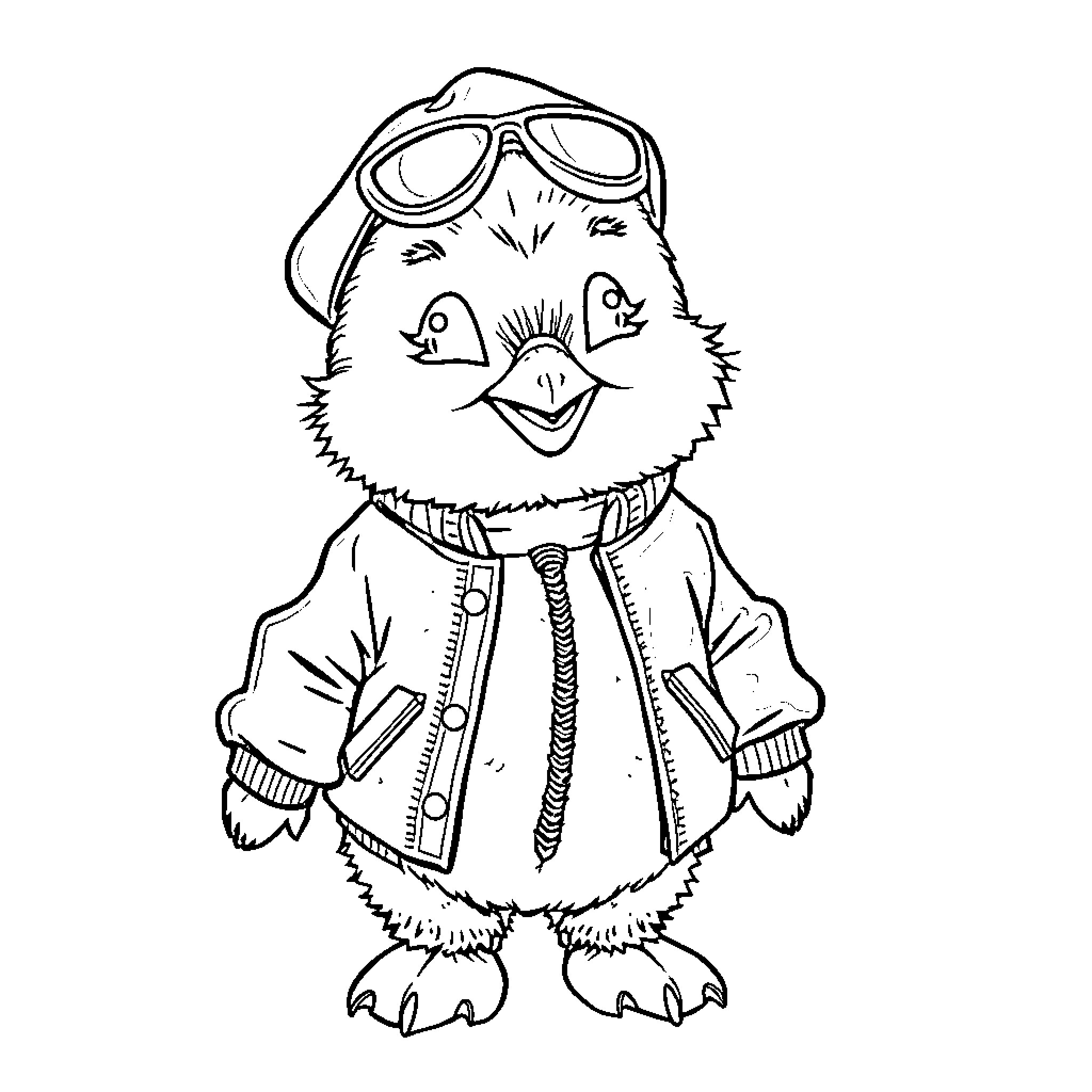 Duck in cool aviator gear Coloring Page (free black-and-white line drawing printable PDF for all, from beginners to advanced learners, including children, teens, adults, and seniors)