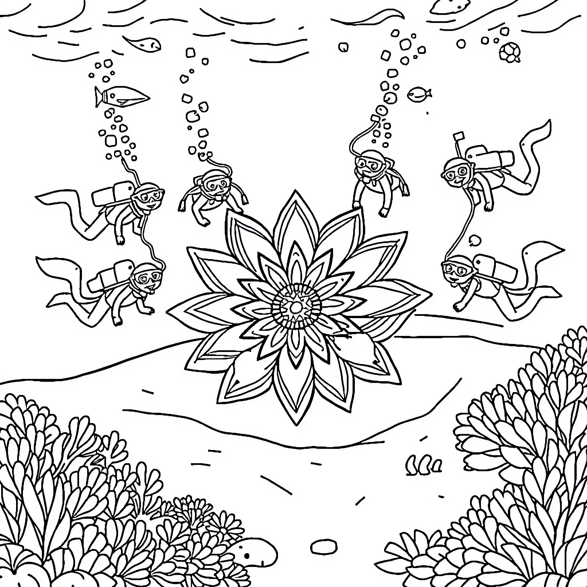 Mandala of Underwater Creatures and Coral Reef Coloring Page (free black-and-white line drawing printable PDF for all, from beginners to advanced learners, including children, teens, adults, and seniors)